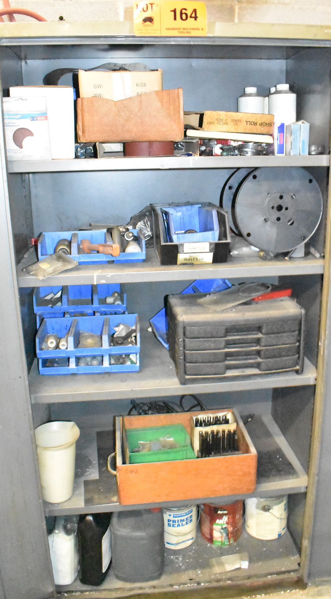 LOT/ STEEL HIGHBOY CABINET WITH CONTENTS - INCLUDING HAND TOOLS, SHOP SUPPLIES, SANDING PERISHABLES