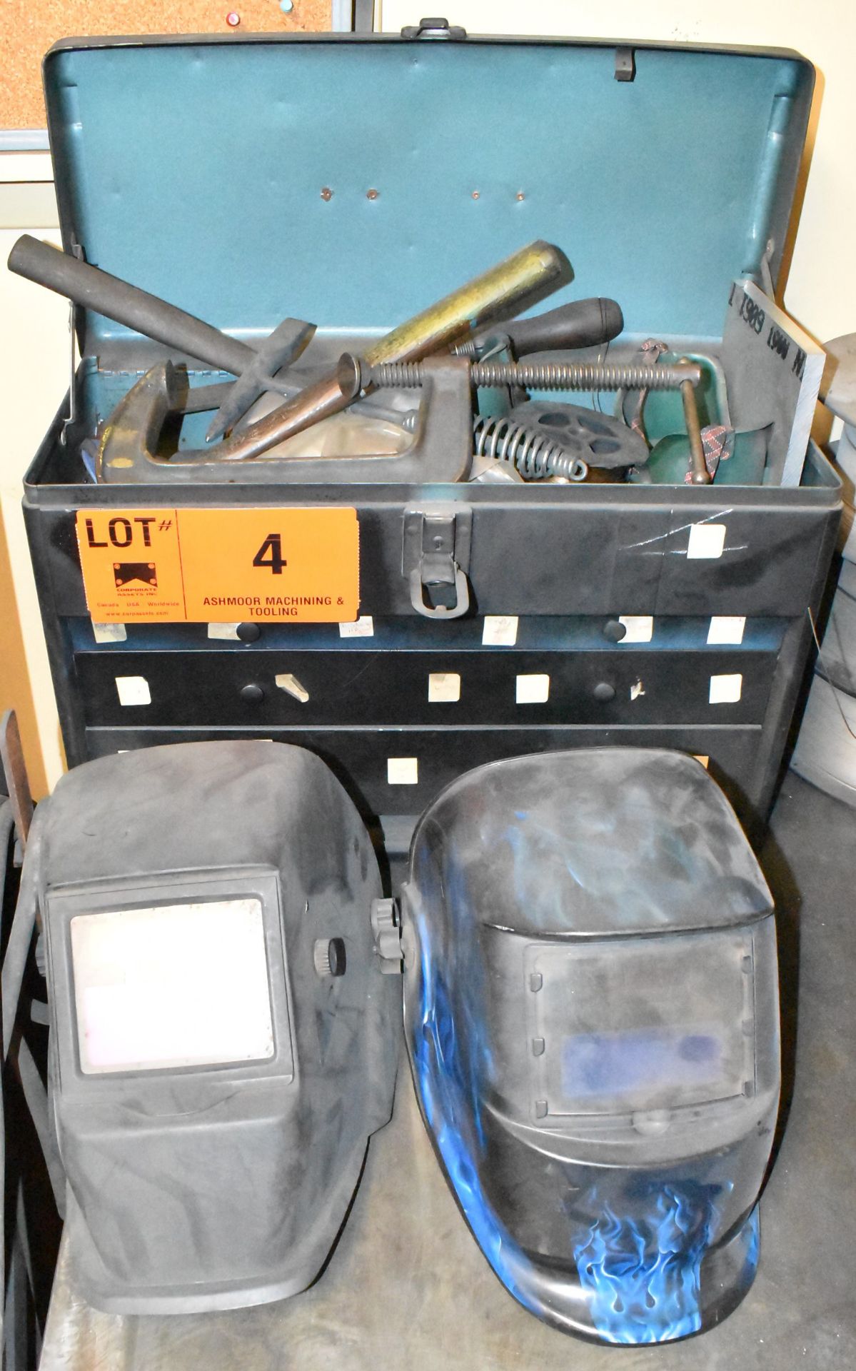 LOT/ WELDING SUPPLIES WITH TOOLBOX & WELDING MASKS