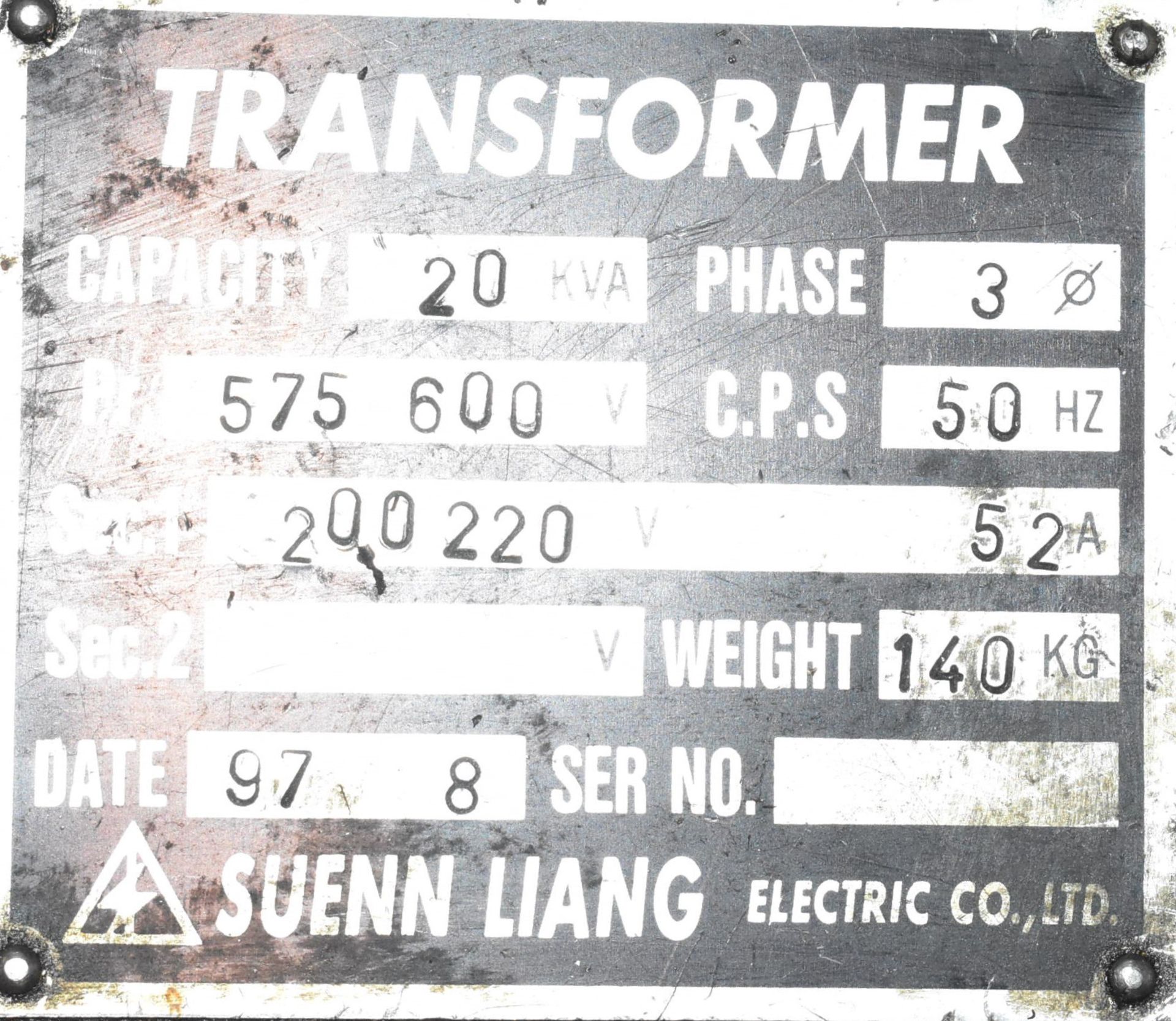 SUENN LIANG 20 KVA TRANSFORMER WITH 600HV/200LV/3PH/60HZ (CI) [RIGGING FEE FOR LOT #32 - $50 CAD - Image 2 of 2