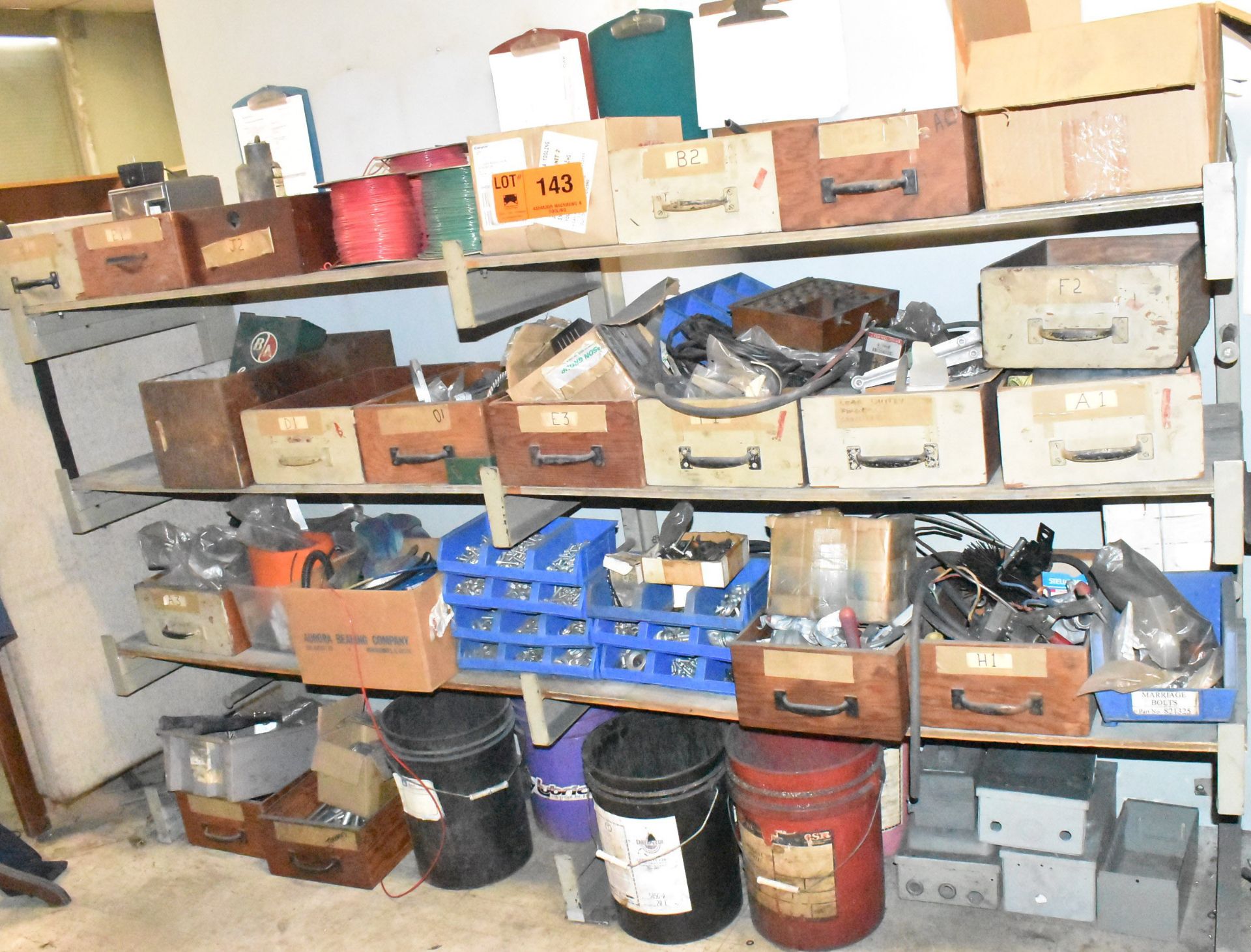LOT/ SHELVES WITH CONTENTS - INCLUDING SPARE PARTS, SHOP SUPPLIES & HARDWARE