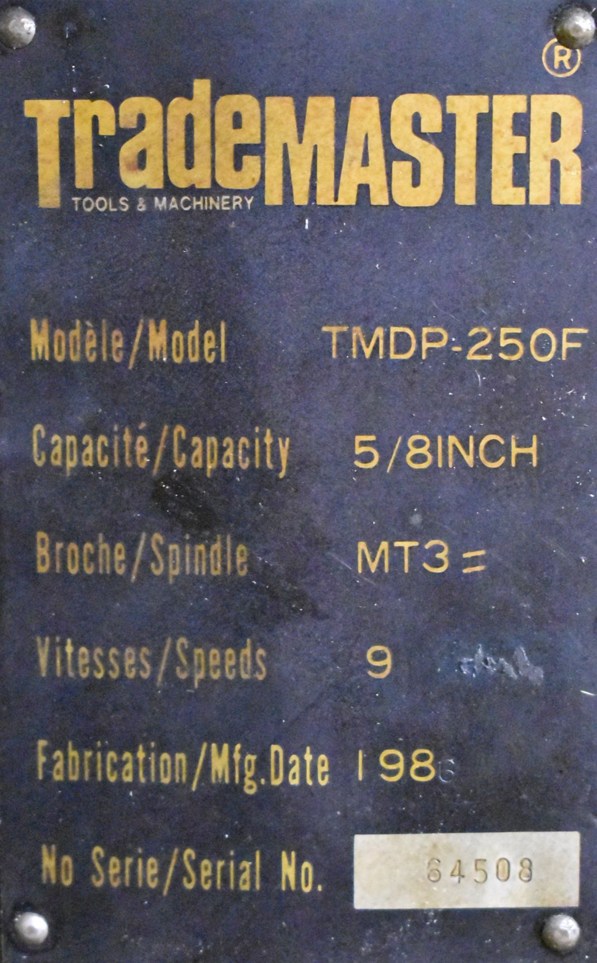 TRADEMASTER TMDP-25OF 5/8" FLOOR-TYPE DRILL PRESS WITH 15" DIA. TABLE, MT3 SPINDLE, 9 SPEEDS, S/N: - Image 3 of 3