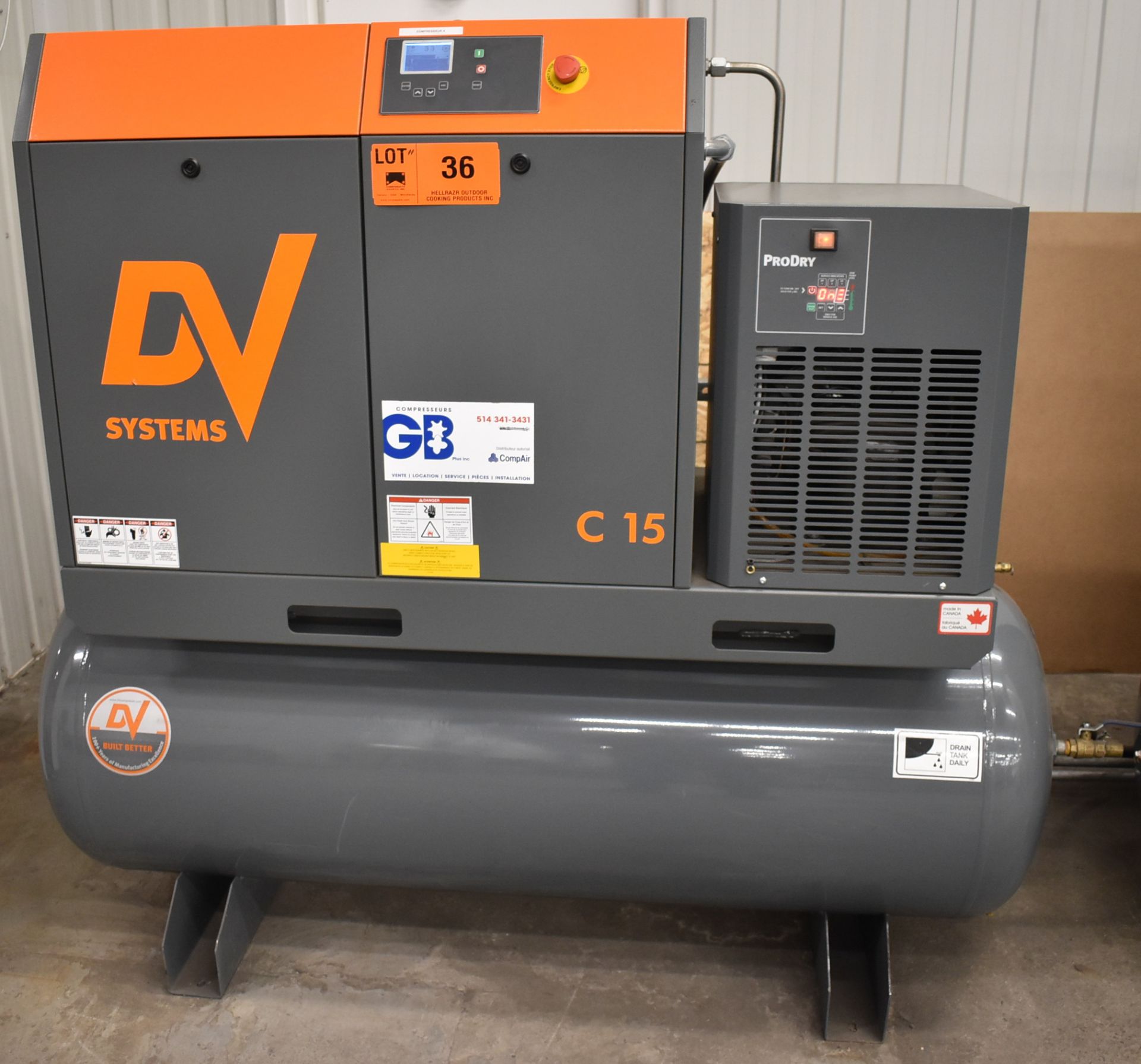 DV SYSTEMS (PURCHASED NEW IN 2020) C15TD 15 HP TANK-MOUNTED ROTARY SCREW AIR COMPRESSOR WITH PRO DRY