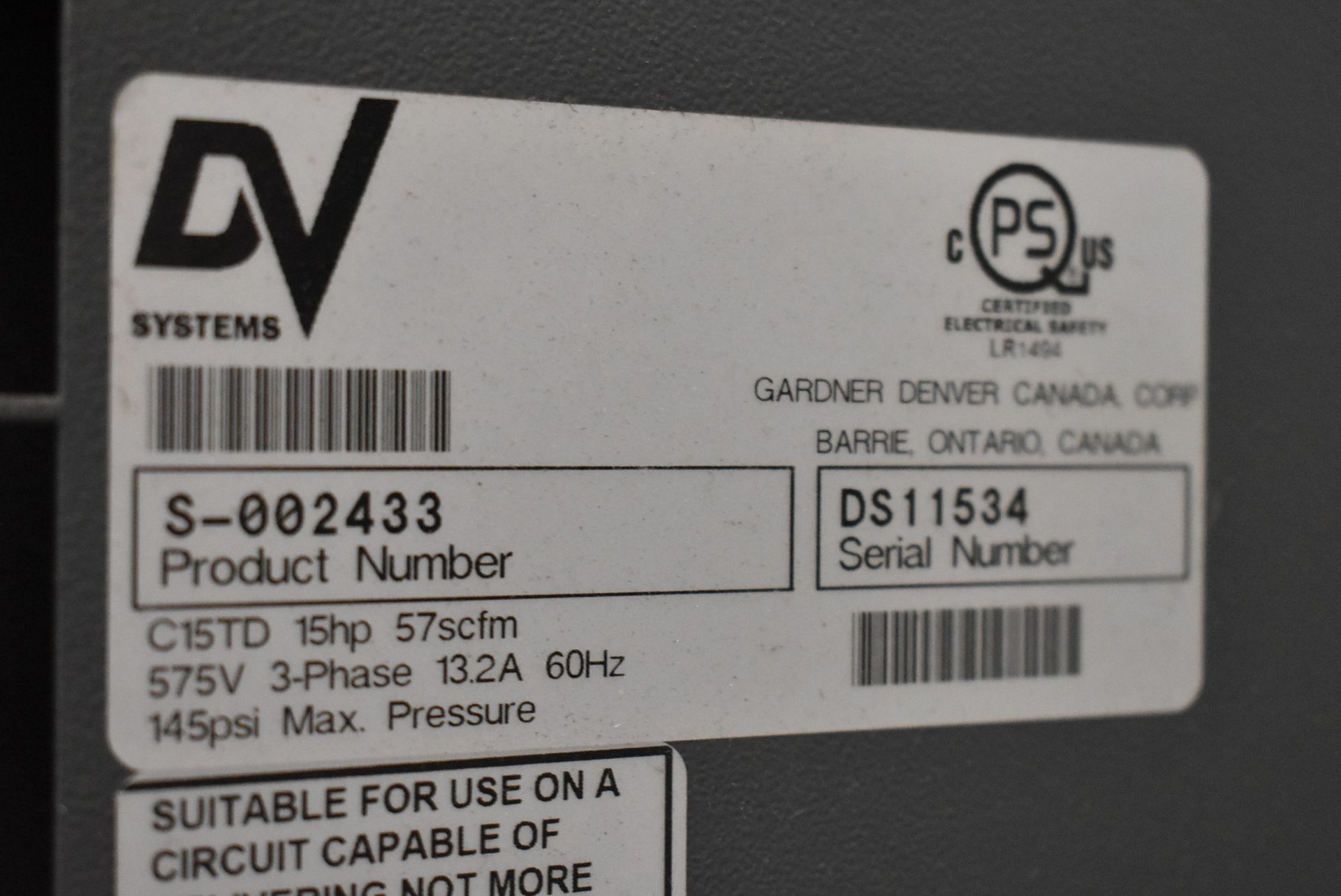 DV SYSTEMS (PURCHASED NEW IN 2020) C15TD 15 HP TANK-MOUNTED ROTARY SCREW AIR COMPRESSOR WITH PRO DRY - Image 2 of 6