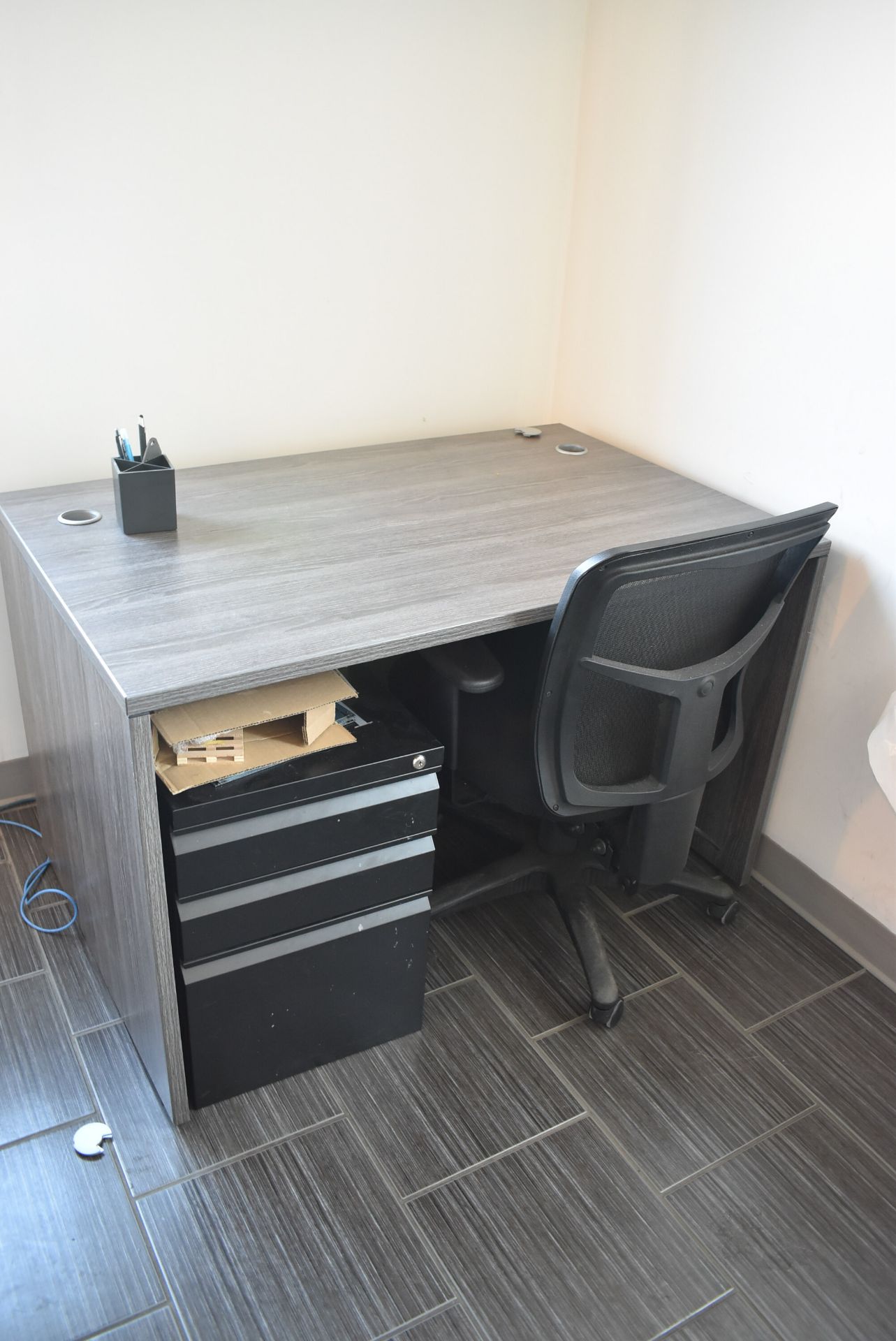 LOT/ (2) DESKS WITH OFFICE CHAIRS, CABINETS, FANS& DIVIDERS - Image 2 of 3