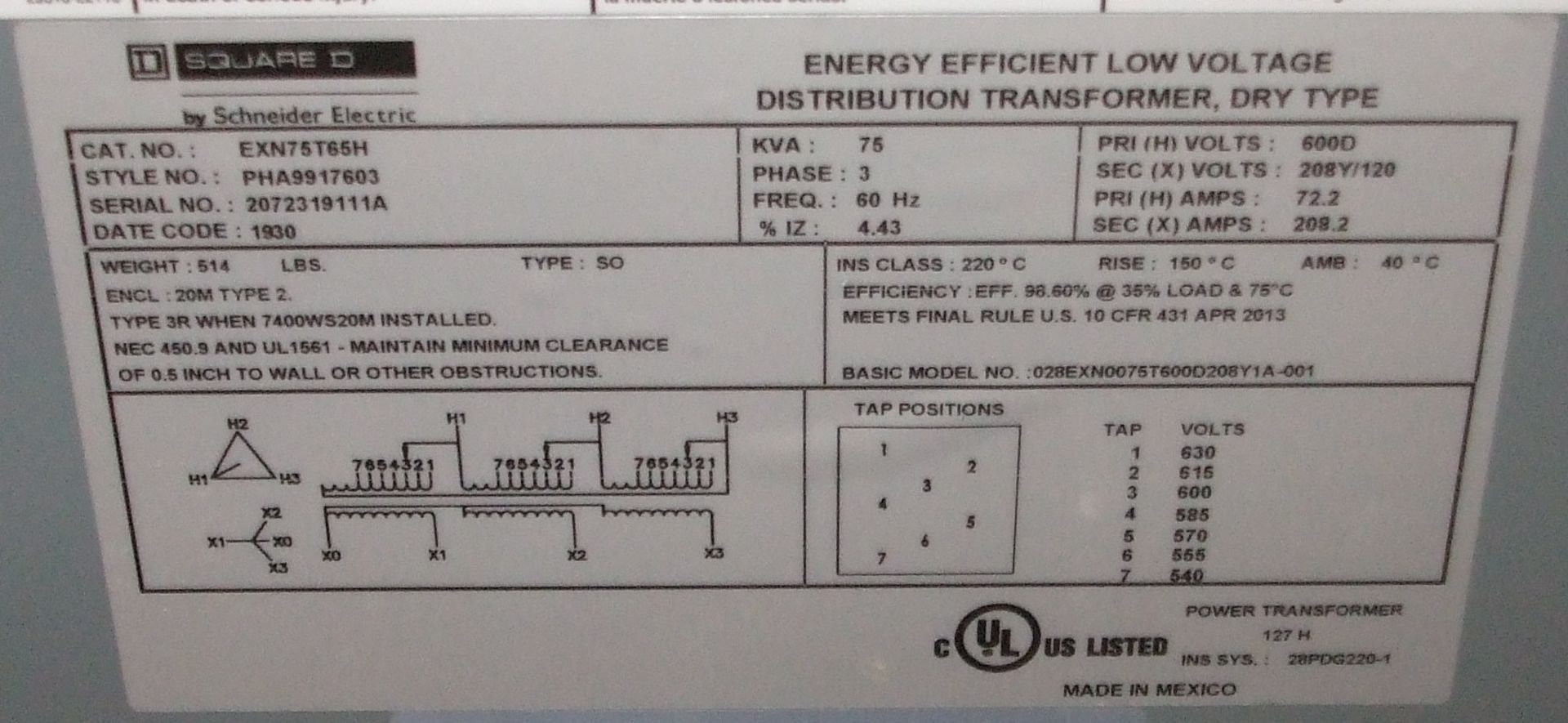 SQUARE-D 75 KVA TRANSFORMER WITH 600HV, 208Y/120LV, 3PH, 60HZ, S/N: 2072319111A (CI) (LOCATED AT - Image 2 of 2