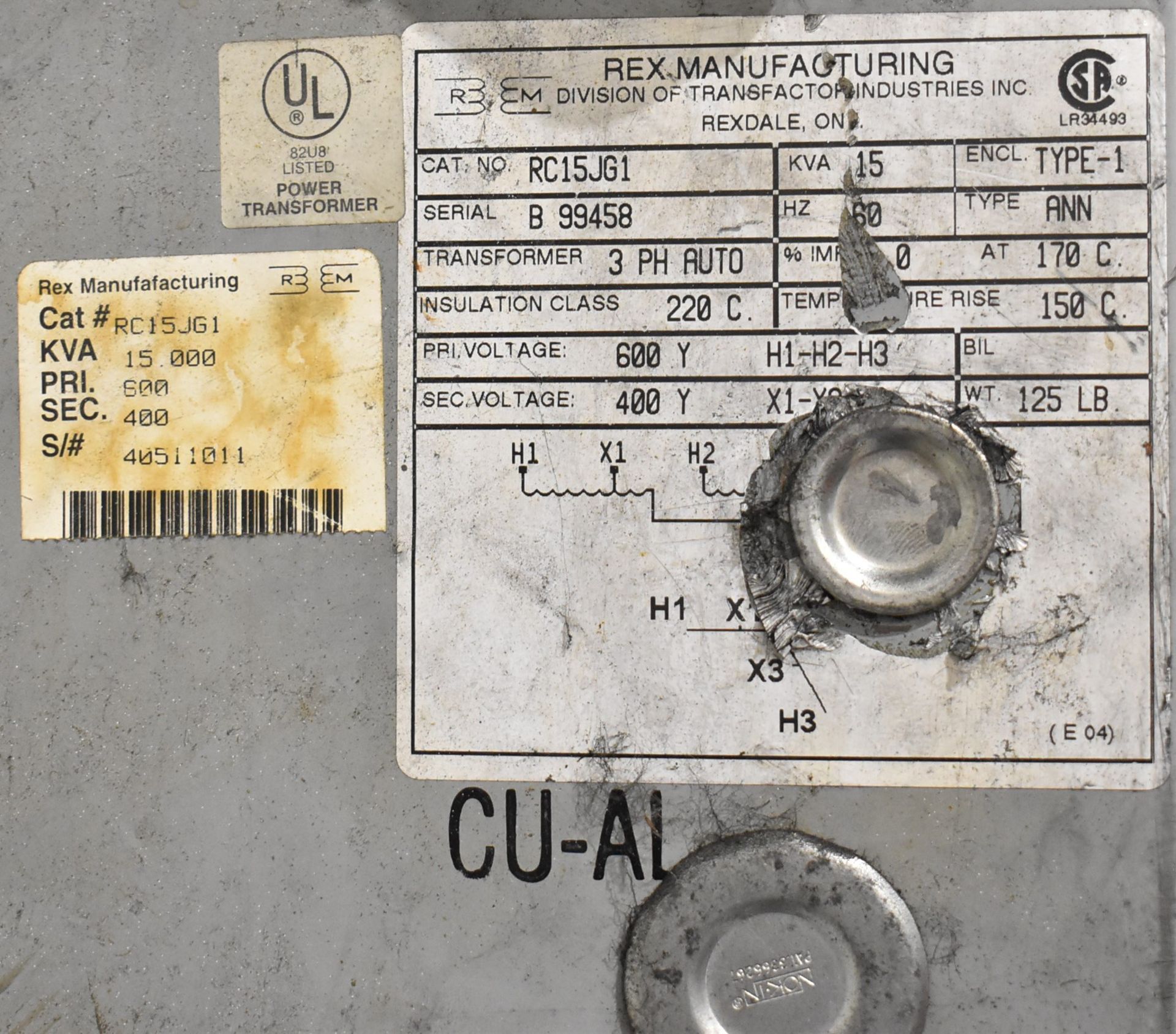 REX 15 KVA TRANSFORMER, 600-400V/3PH/60HZ, S/N B 99458 (CI) (LOCATED AT 11555 COUNTY ROAD 42 SUITE - Image 2 of 2