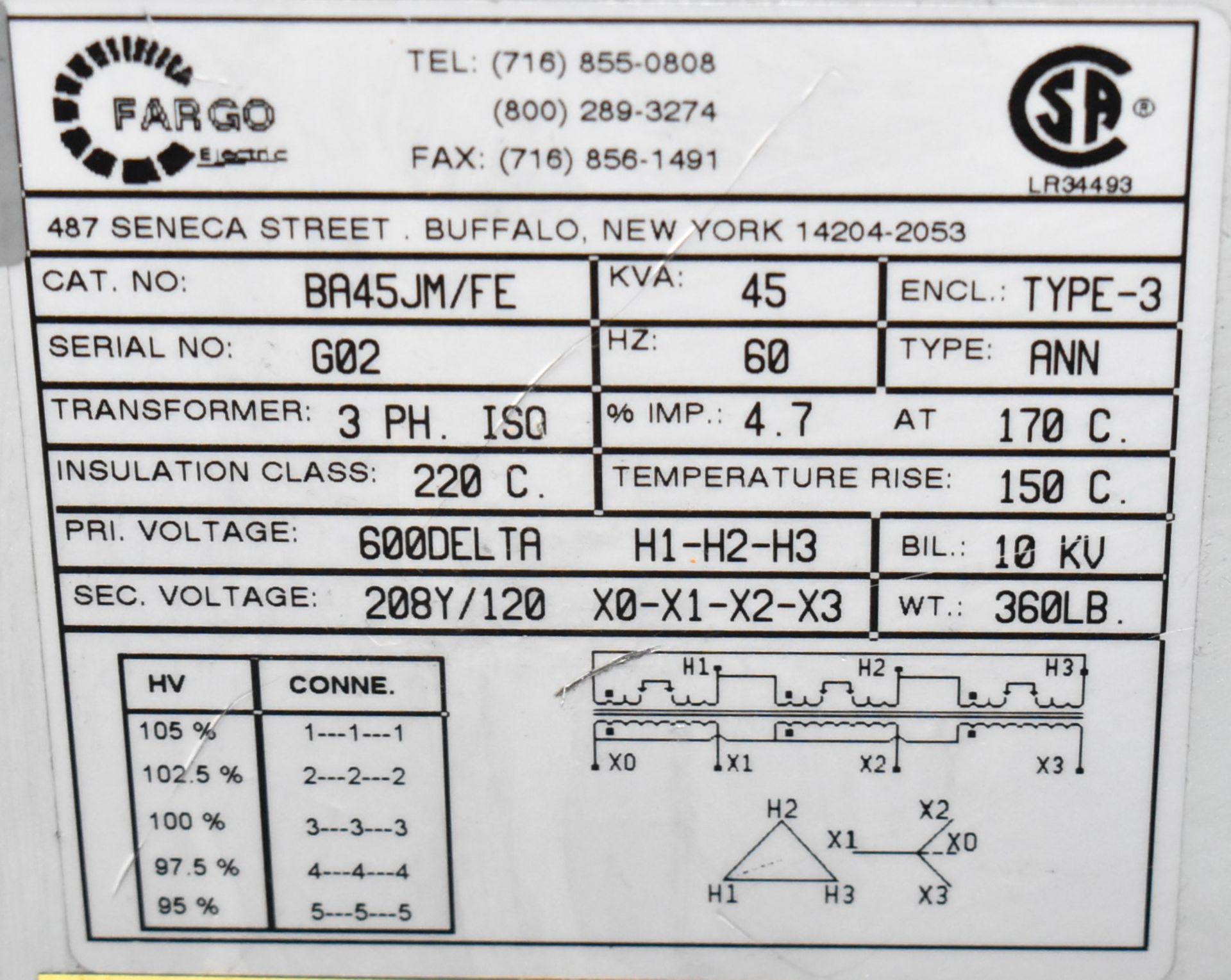 FARGO 45 KVA TRANSFORMER, 600-208-120V/3PH/60HZ, S/N G02 (CI) (LOCATED AT 11555 COUNTY ROAD 42 SUITE - Image 2 of 2