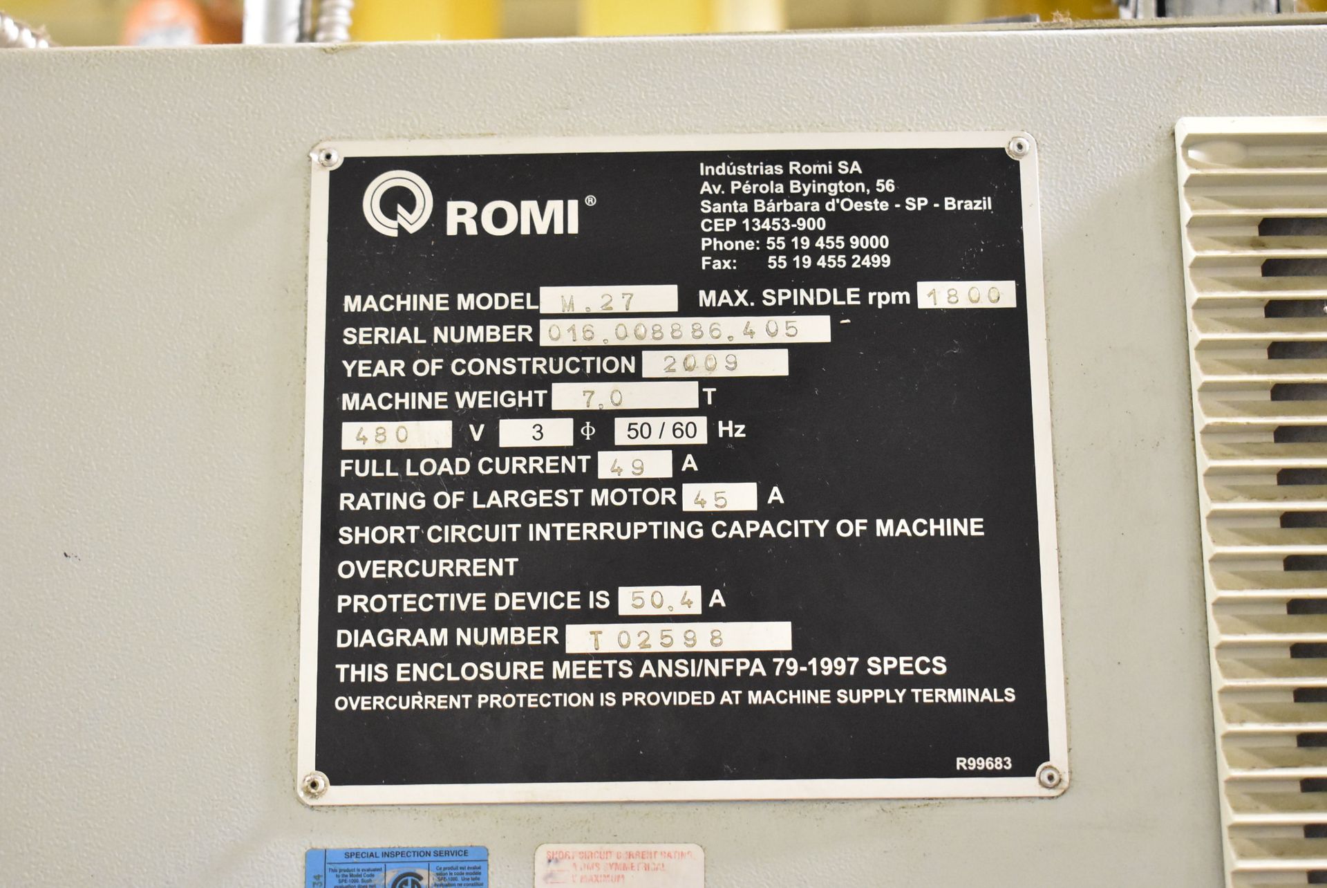 ROMI (2009) M.27 FLATBED CNC LATHE WITH GE FANUC SERIES 21I-TB CNC CONTROL, 16" 3-JAW CHUCK, 27" - Image 10 of 15