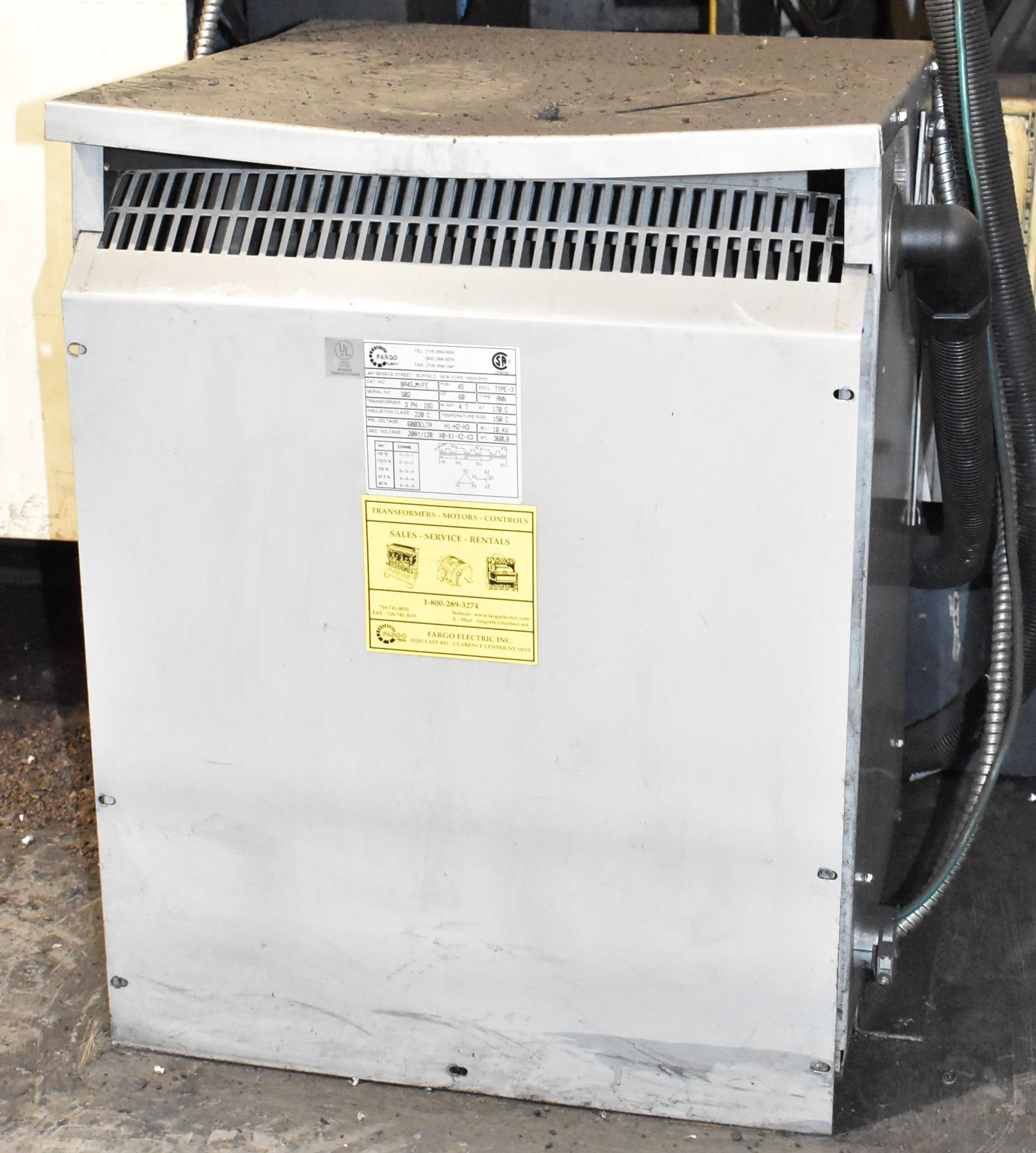 FARGO 45 KVA TRANSFORMER, 600-208-120V/3PH/60HZ, S/N G02 (CI) (LOCATED AT 11555 COUNTY ROAD 42 SUITE