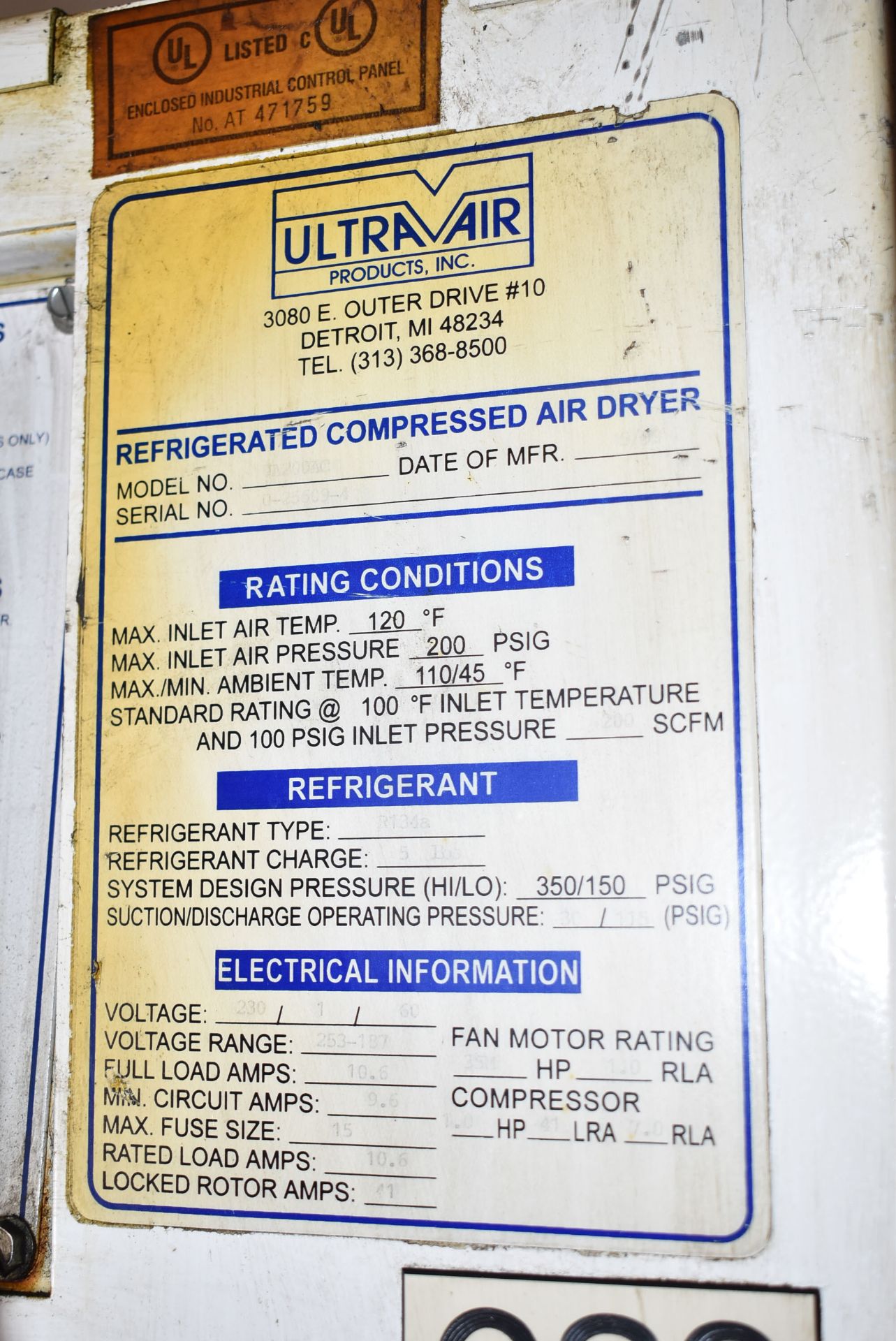 ULTRA AIR UA200AC REFRIGERATED AIR DRYER WITH 1.0 HP, 200 PSIG, S/N: U-25609-4 (CI) [RIGGING FEES - Image 3 of 4