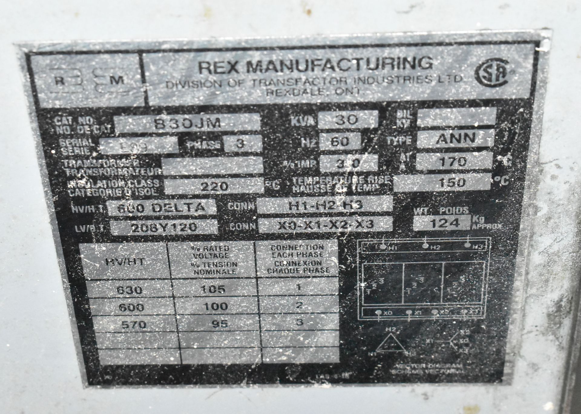 REX B30JM 30 KVA TRANSFORMER, 600-208-120V/3PH/60HZ, S/N E89 (CI) [RIGGING FEES FOR LOT #143 - $75 - Image 2 of 2