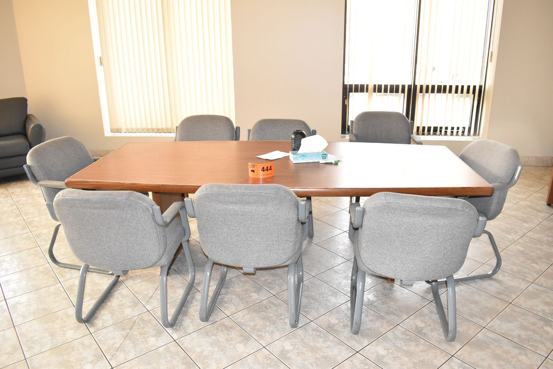 LOT/ BOARDROOM FURNITURE CONSISTING OF BOARDROOM TABLE, DESK, SHELVING & (8) CHAIRS (FURNITURE