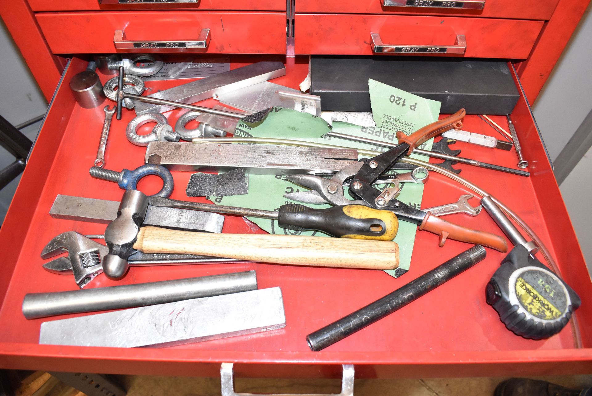 LOT/ GRAY ROLLING TOOLBOX WITH CONTENTS CONSISTING OF INSPECTION EQUIPMENT, HAND TOOLS & HARDWARE - Image 4 of 10