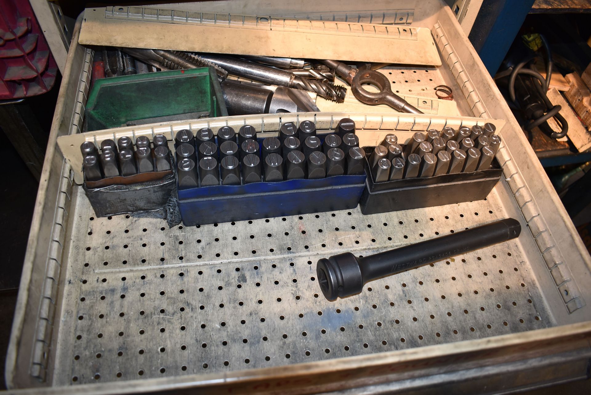 LOT/ 5-DRAWER CABINET & RACK WITH CONTENTS CONSISTING OF PUNCHES, END MILLS, DRILLS & HAND TOOLS - Image 6 of 9