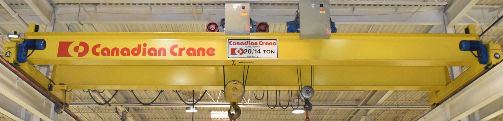 CANADIAN CRANE (2002) 20/14-TON CAPACITY DOUBLE GIRDER TOP-RUNNING OVERHEAD BRIDGE CRANE WITH 30'