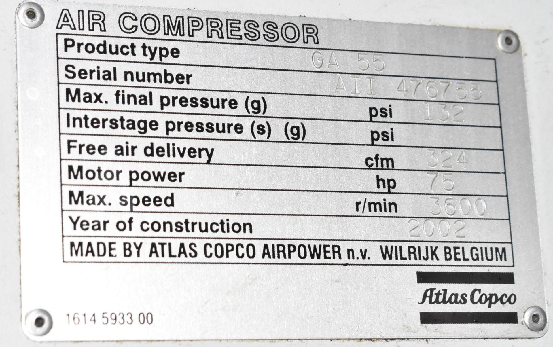 ATLAS COPCO (2002) GA55 75 HP ROTARY SCREW AIR COMPRESSOR WITH 132 PSI, 324 CFM, 3600 RPM, 58,182 - Image 4 of 4