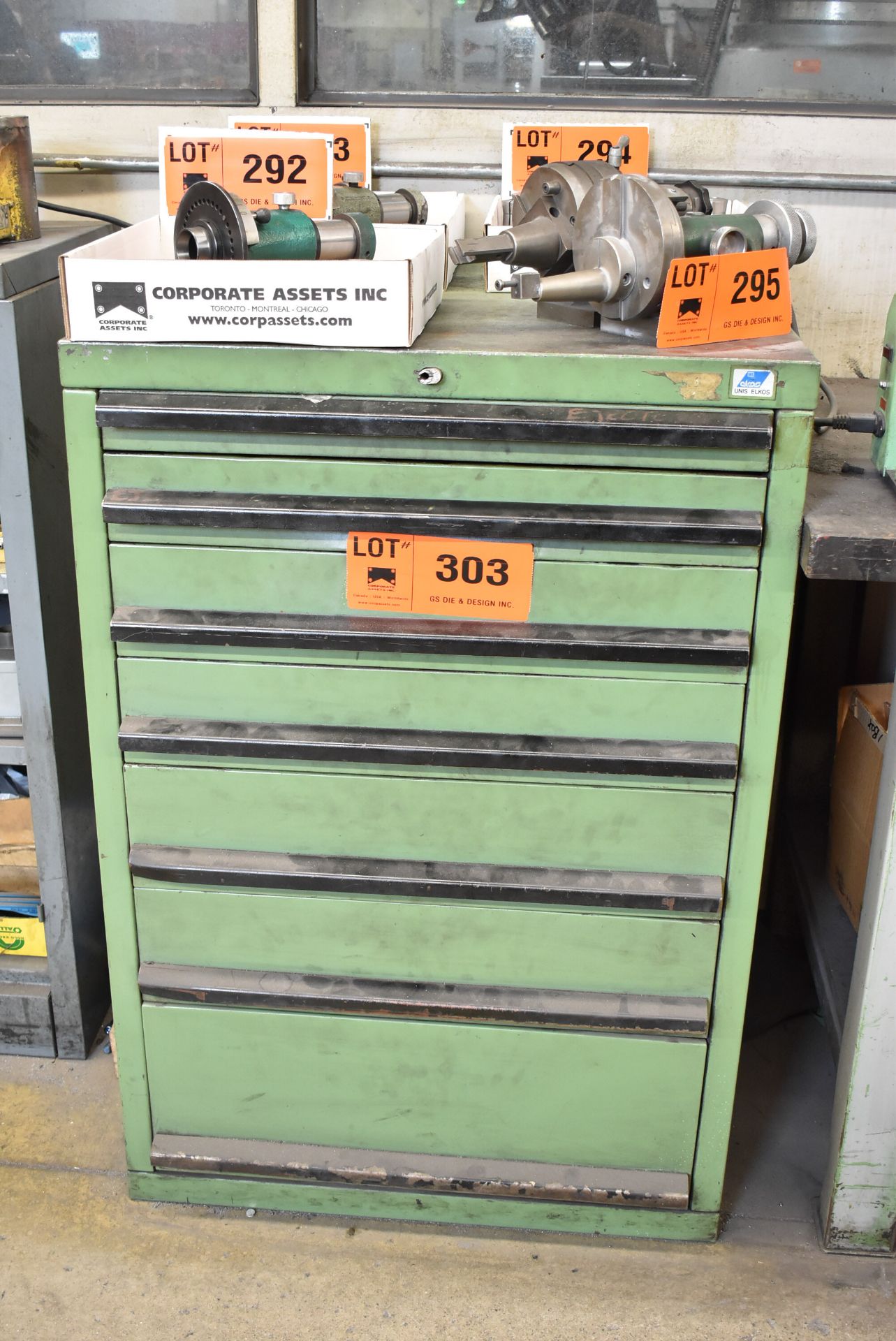 LOT/ 7-DRAWER TOOL CABINET WITH CONTENTS CONSISTING OF PINS, DAYTON RETAINERS, FITTINGS & BELTS