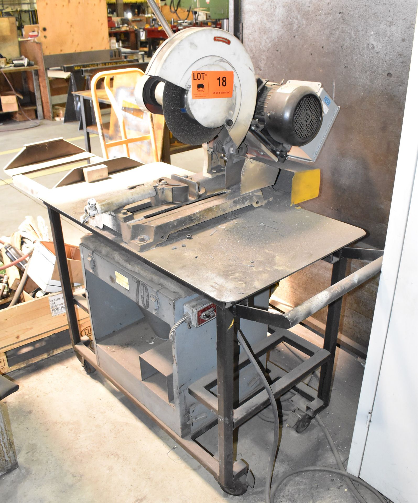 KBC 14" HEAVY DUTY ABRASIVE CUT OFF SAW WITH CART AND DUST COLLECT BOX UNIT, S/N: N/A