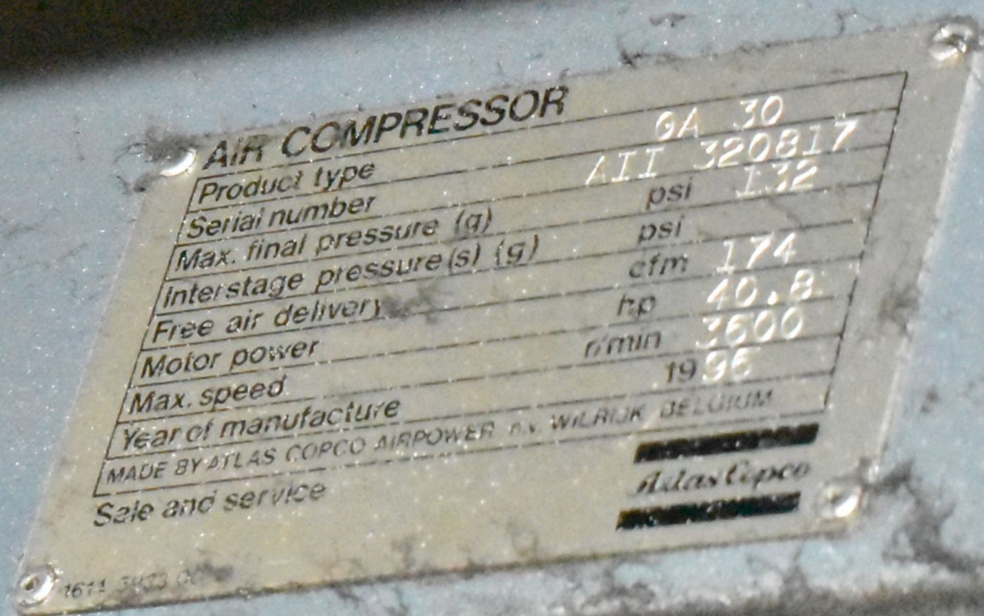 ATLAS COPCO GA30 40 HP ROTARY SCREW AIR COMPRESSOR WITH 132 PSI, 174 CFM, 3600 RPM, S/N: - Image 2 of 4