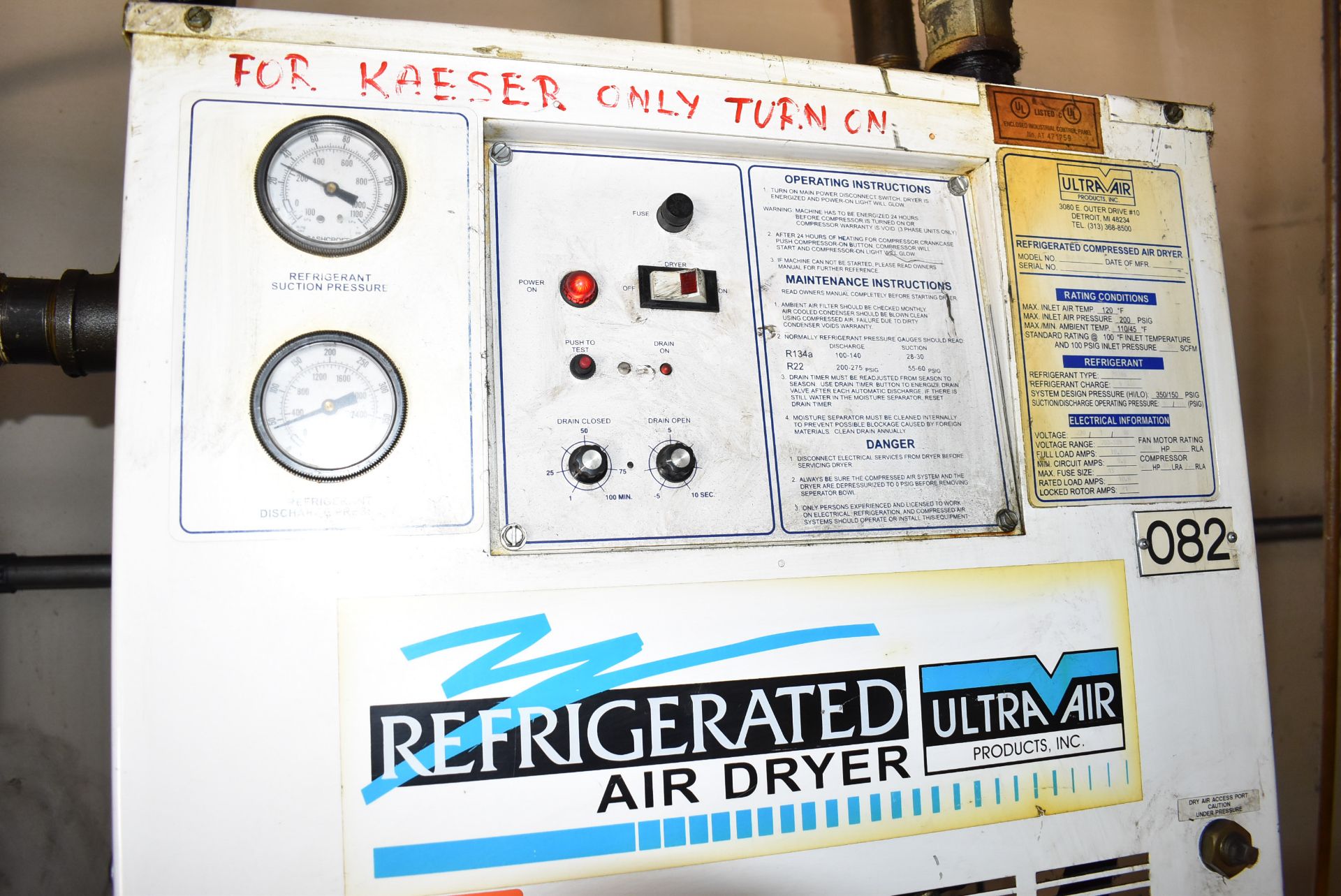 ULTRA AIR UA200AC REFRIGERATED AIR DRYER WITH 1.0 HP, 200 PSIG, S/N: U-25609-4 (CI) [RIGGING FEES - Image 2 of 4