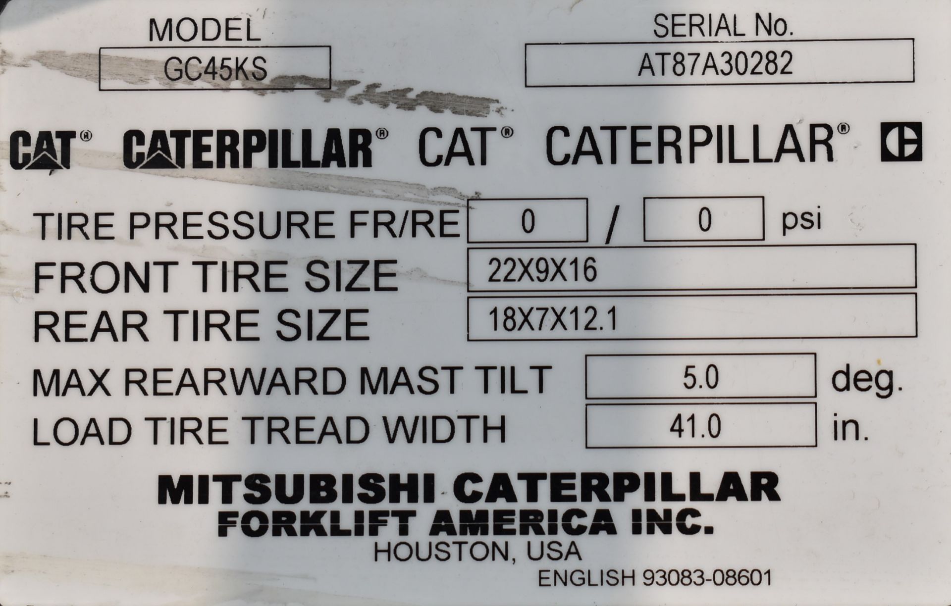 CATERPILLAR GC45KS 10,000 LB CAPACITY LPG FORKLIFT WITH 210 MAX. VERTICAL REACH, TILT, SIDE-SHIFT, - Image 20 of 20