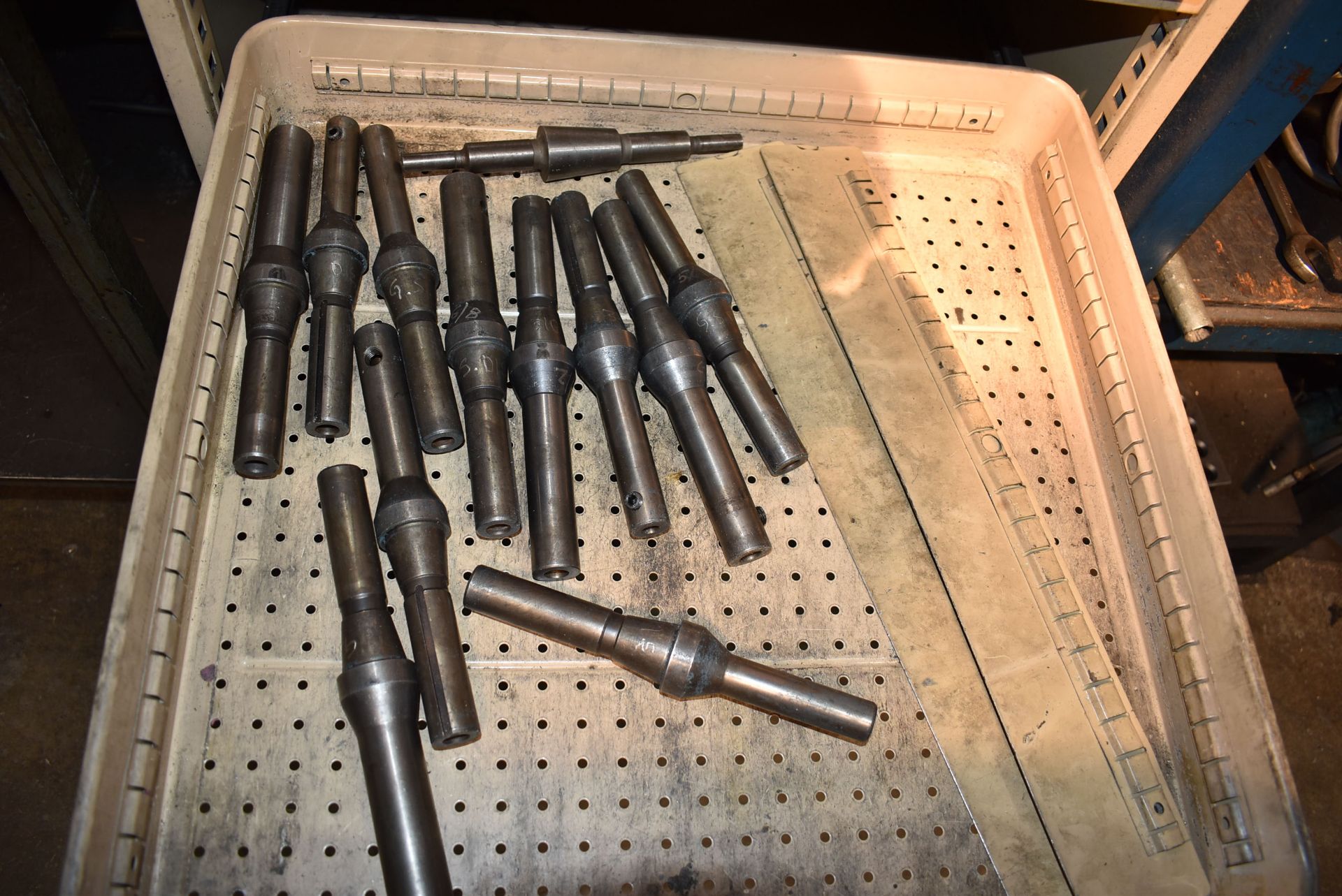 LOT/ 5-DRAWER CABINET & RACK WITH CONTENTS CONSISTING OF PUNCHES, END MILLS, DRILLS & HAND TOOLS - Image 7 of 9