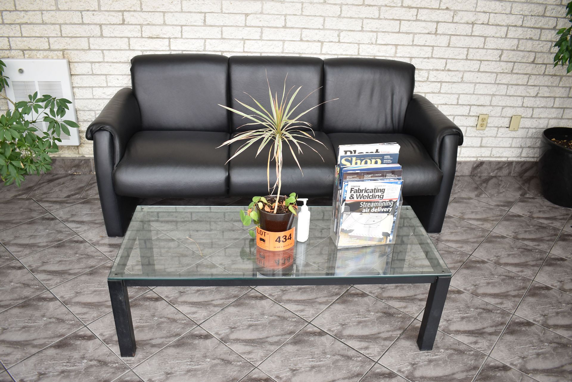 LOT/ RECEPTION FURNITURE CONSISTING OF COUCH, GLASS COFFEE TABLE & PLANTERS