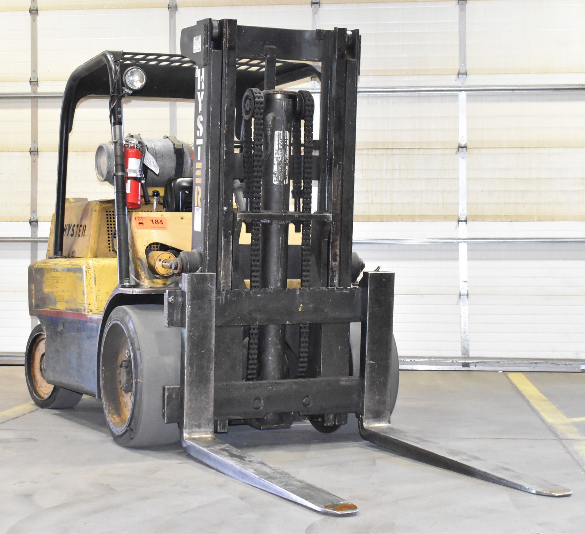 HYSTER S150A 15,000 LB. CAPACITY LPG FORKLIFT WITH 129" MAX. LIFT HEIGHT, 2-STAGE MAST, SOLID TIRES,