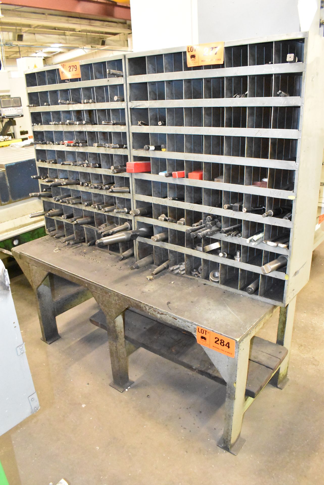 LOT/ STEEL TABLE WITH (2) PIGEONHOLE CABINETS (NO CONTENTS - DELAYED DELIVERY)