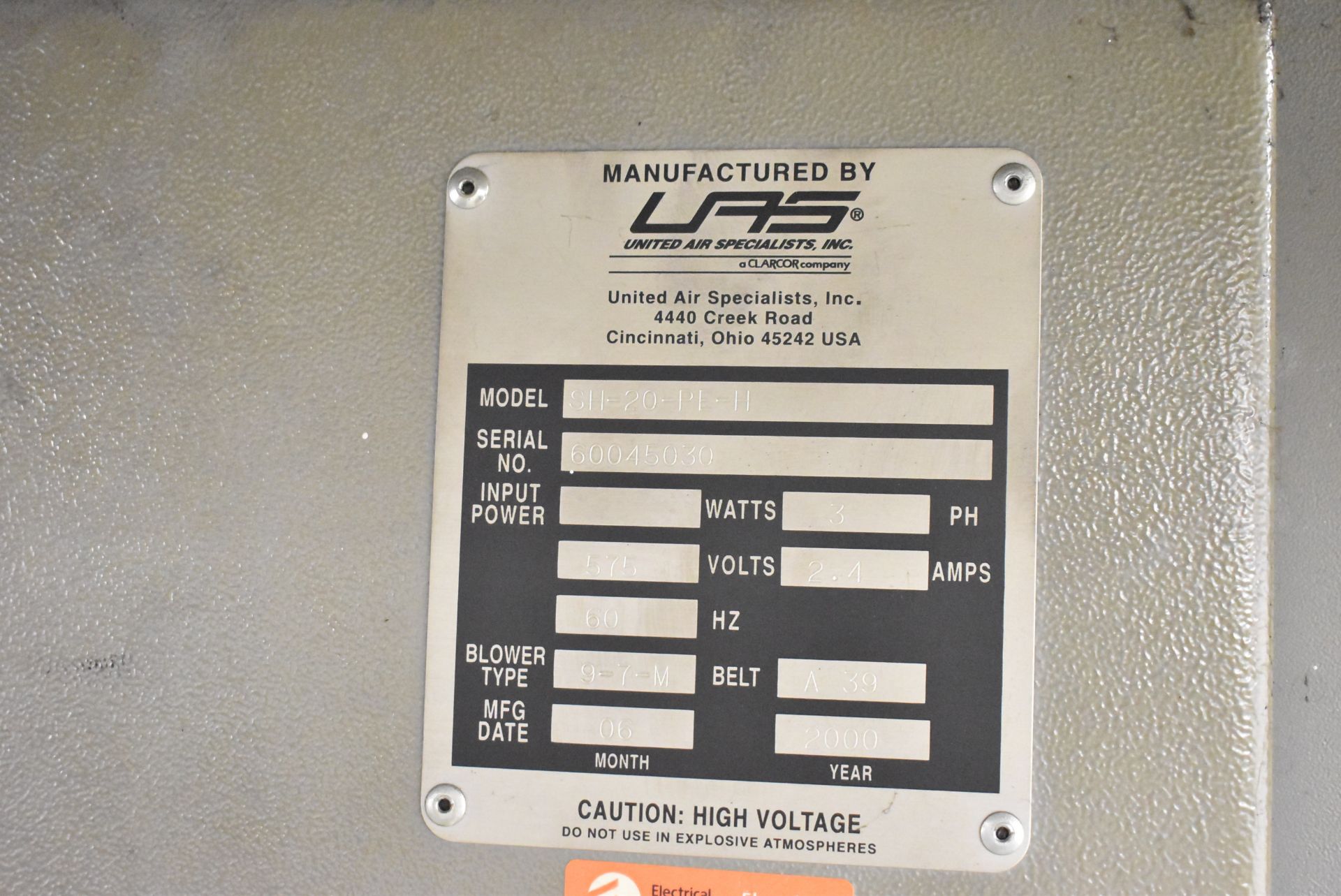 UAS (2000) SH-20-PE-H SMOG-HOG MIST COLLECTOR WITH 9-7-M BLOWER, 575V/3PH/60HZ, S/N 60045030 (CI)[ - Image 3 of 3