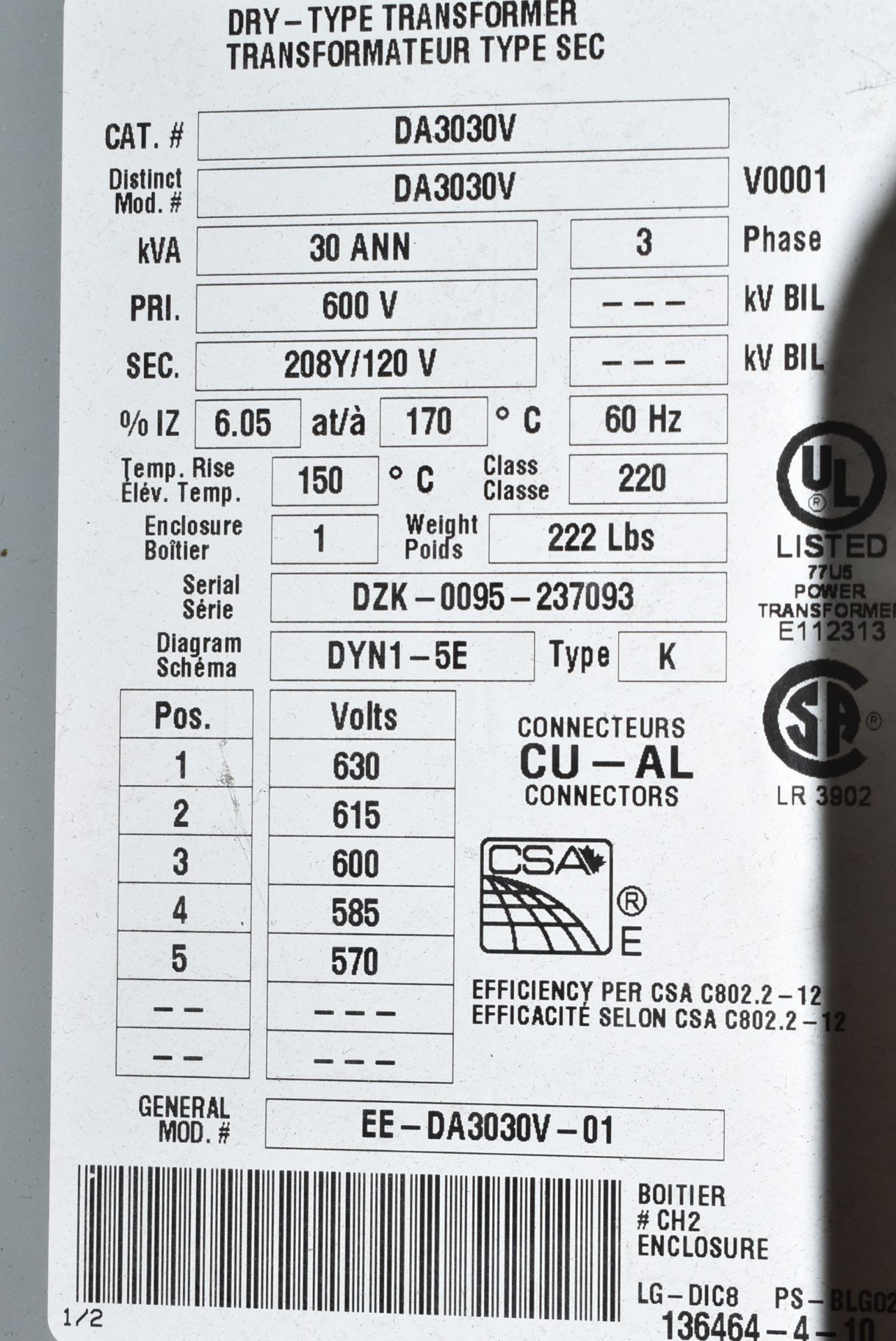 DELTA C802-SERIES 30 KVA TRANSFORMER, 600-208-120V/3PH/60HZ, S/N DZK-0095-237093 (CI)[RIGGING FEE - Image 2 of 2