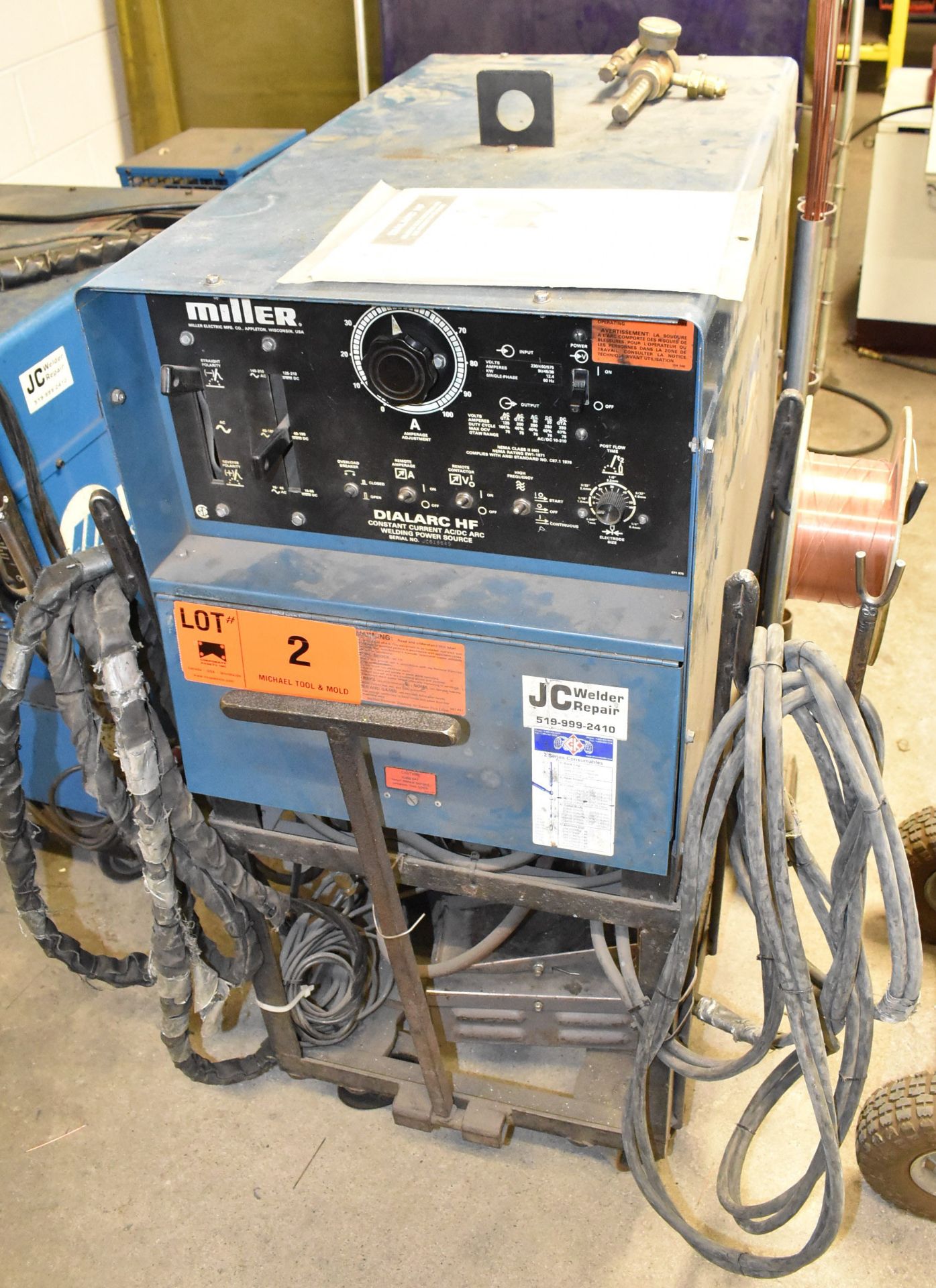 MILLER DIALARC HF TIG WELDER WITH MILLER COOLMATE 3 CHILLER, CABLES & GUN, S/N JC616645