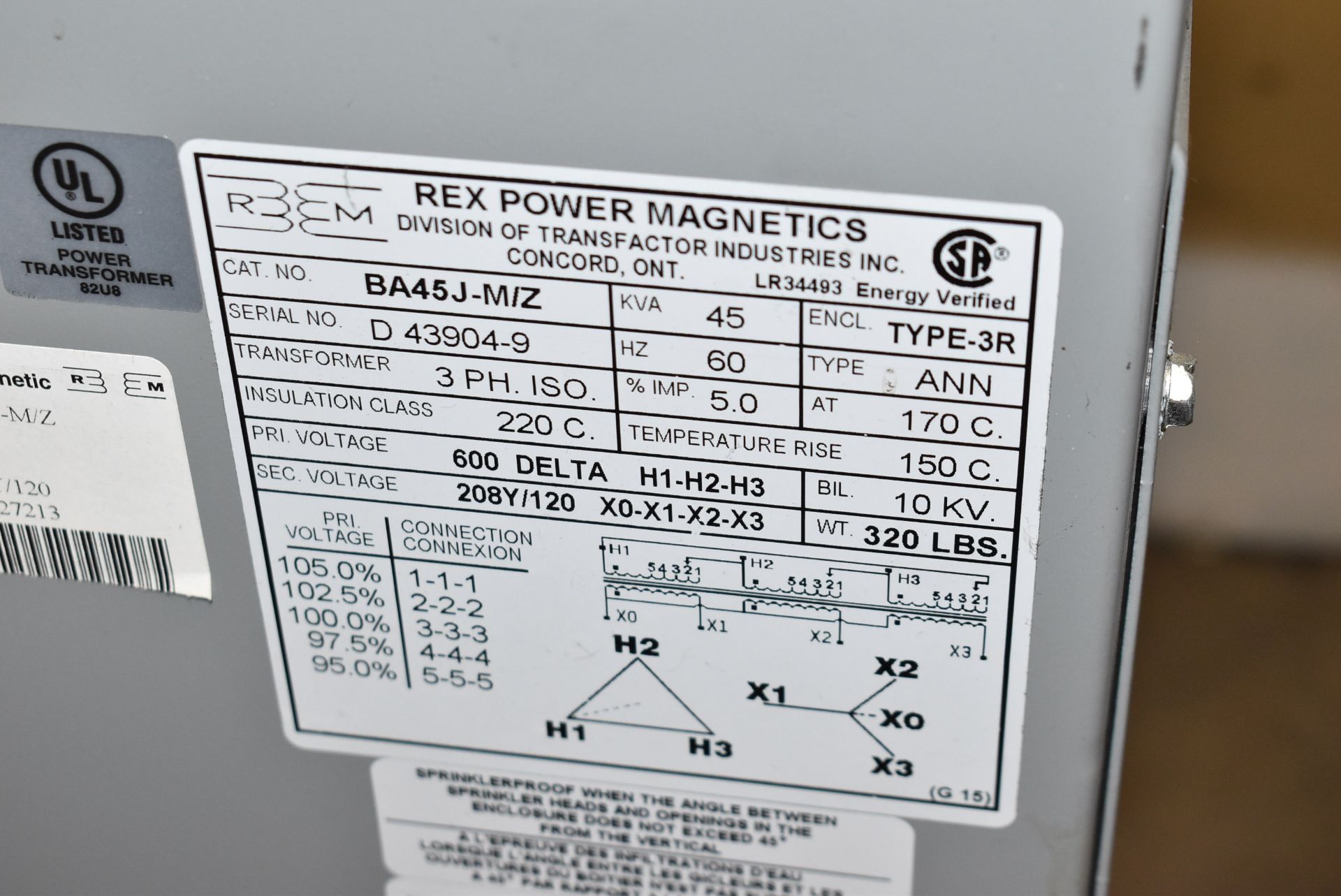 REX BA45J-M/Z 45 KVA TRANSFORMER, 600-208-120V/3PH/60HZ, S/N D 43904-9 (CI)[RIGGING FEE FOR LOT # - Image 2 of 2