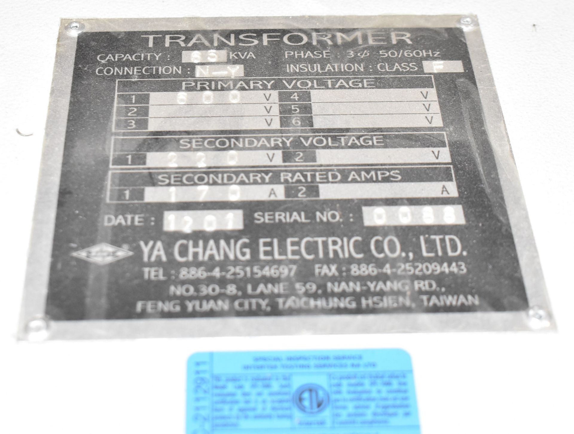 YA CHANG ELECTRIC 65 KVA TRANSFORMER, 600-220-170V/3PH/60HZ, S/N 0088 (CI)[RIGGING FEE FOR LOT #82 - - Image 2 of 2