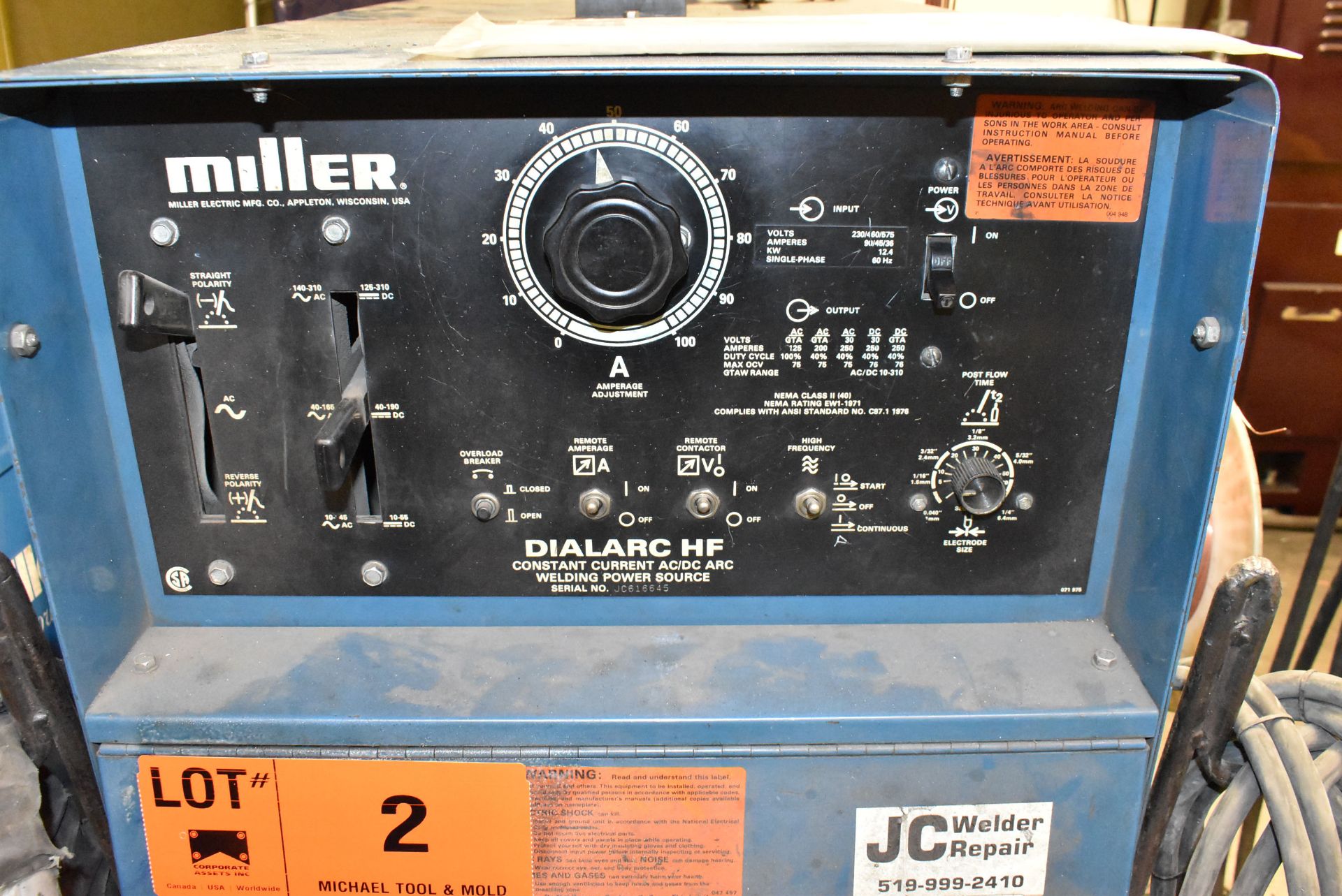 MILLER DIALARC HF TIG WELDER WITH MILLER COOLMATE 3 CHILLER, CABLES & GUN, S/N JC616645 - Image 2 of 5