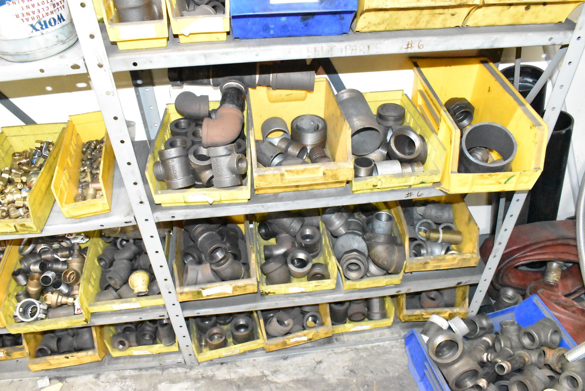 LOT/ (2) SECTIONS OF STEEL SHELVES WITH CONTENTS - INCLUDING PIPE FITTING, ELBOWS, PVC FITTINGS, - Image 7 of 8