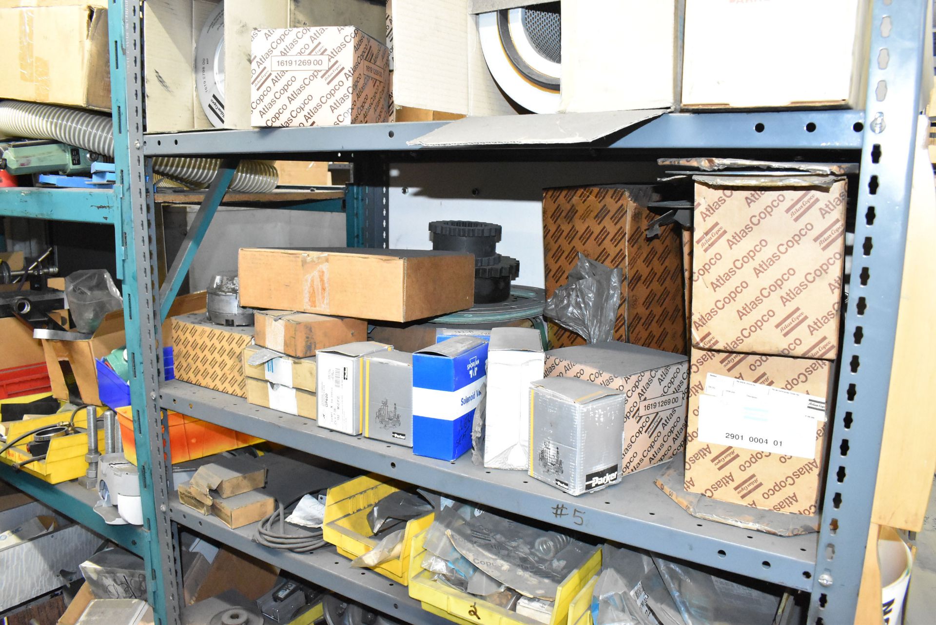 LOT/ (2) SECTIONS OF STEEL SHELVING WITH CONTENTS - INCLUDING AIR FILTERS, SPROCKETS, GEARS, BELTS - Image 5 of 11