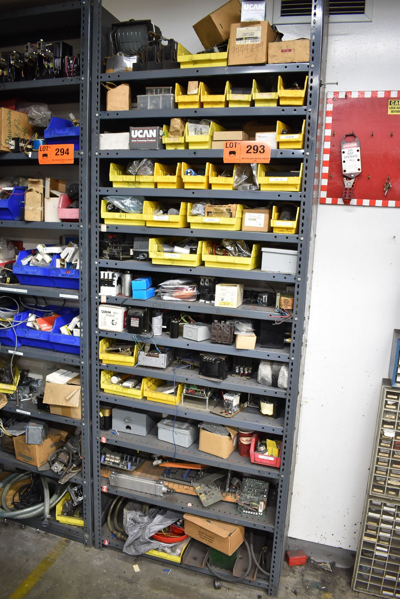 LOT/ STEEL SHELF WITH CONTENTS - INCLUDING RELAYS, CIRCUIT BOARDS, ELECTRICAL COMPONENTS, HARDWARE