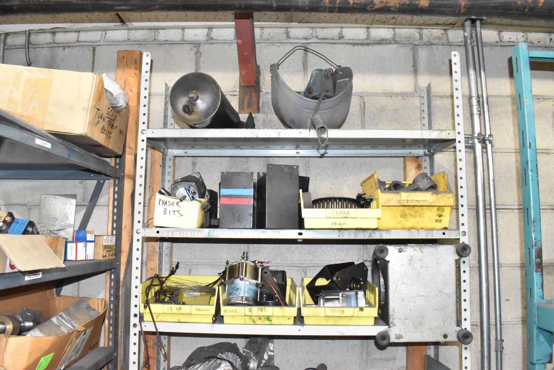 LOT/ (5) SECTIONS OF STEEL SHELVING WITH CONTENTS - INCLUDING BEARINGS, DRIVE BELTS, GAUGES, - Image 25 of 26