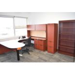 LOT/ CONTENTS OF OFFICE CONSISTING OF DESK WITH OFFICE CHAIR, OVERHEAD DESK HUTCH, STORAGE
