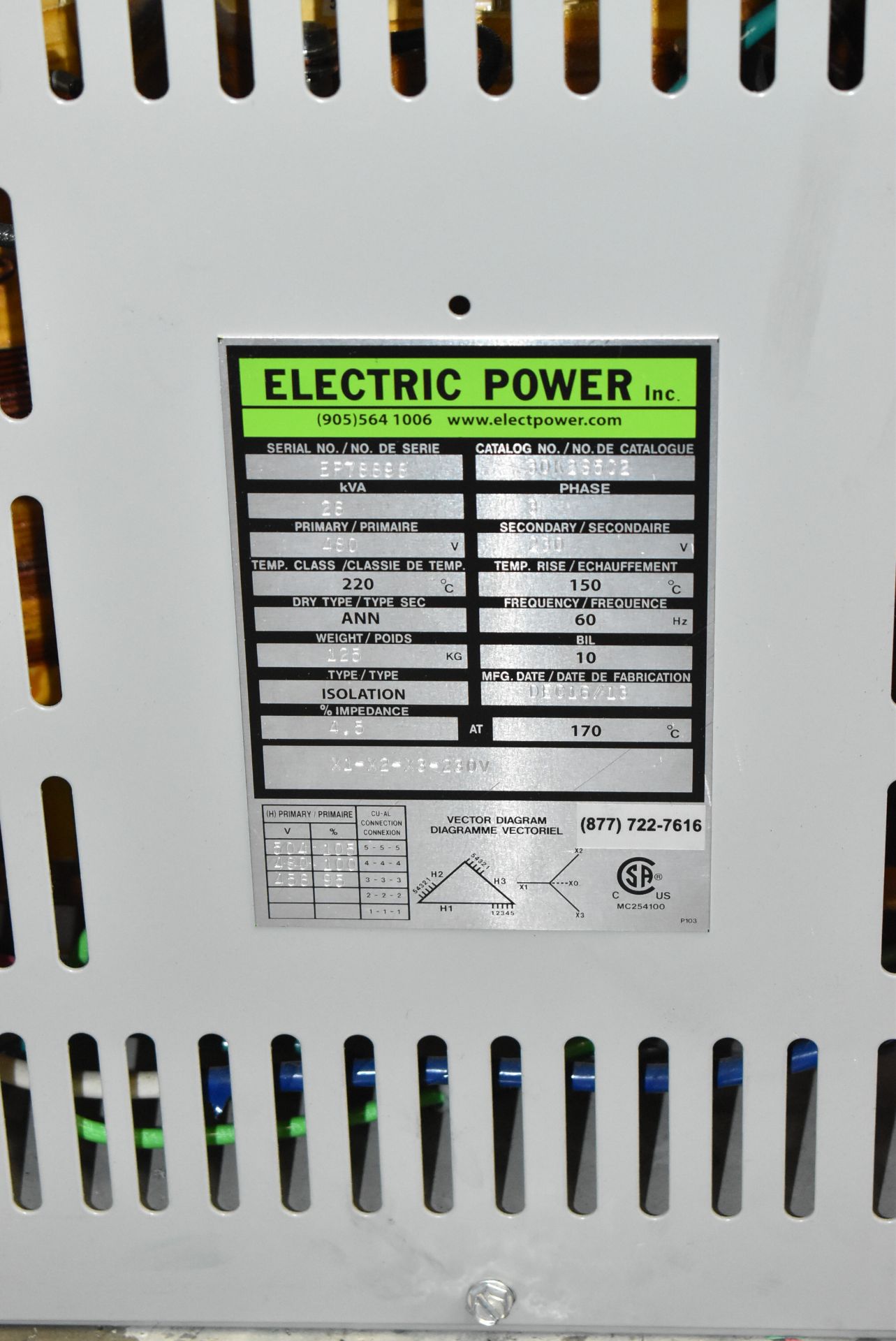 ELECTRIC POWER 26 KVA TRANSFORMER WITH 480HV/230LV/3PH/60HZ (CI) (DELAYED DELIVERY) [RIGGING FEE FOR - Image 2 of 2