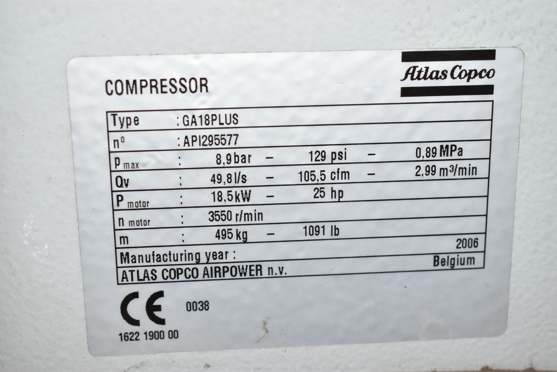 ATLAS COPCO (2006) GA18+ 25 HP ROTARY SCREW AIR COMPRESSOR WITH 129 PSI, 105.5 CFM, 3550 RPM, S/N: - Image 3 of 3