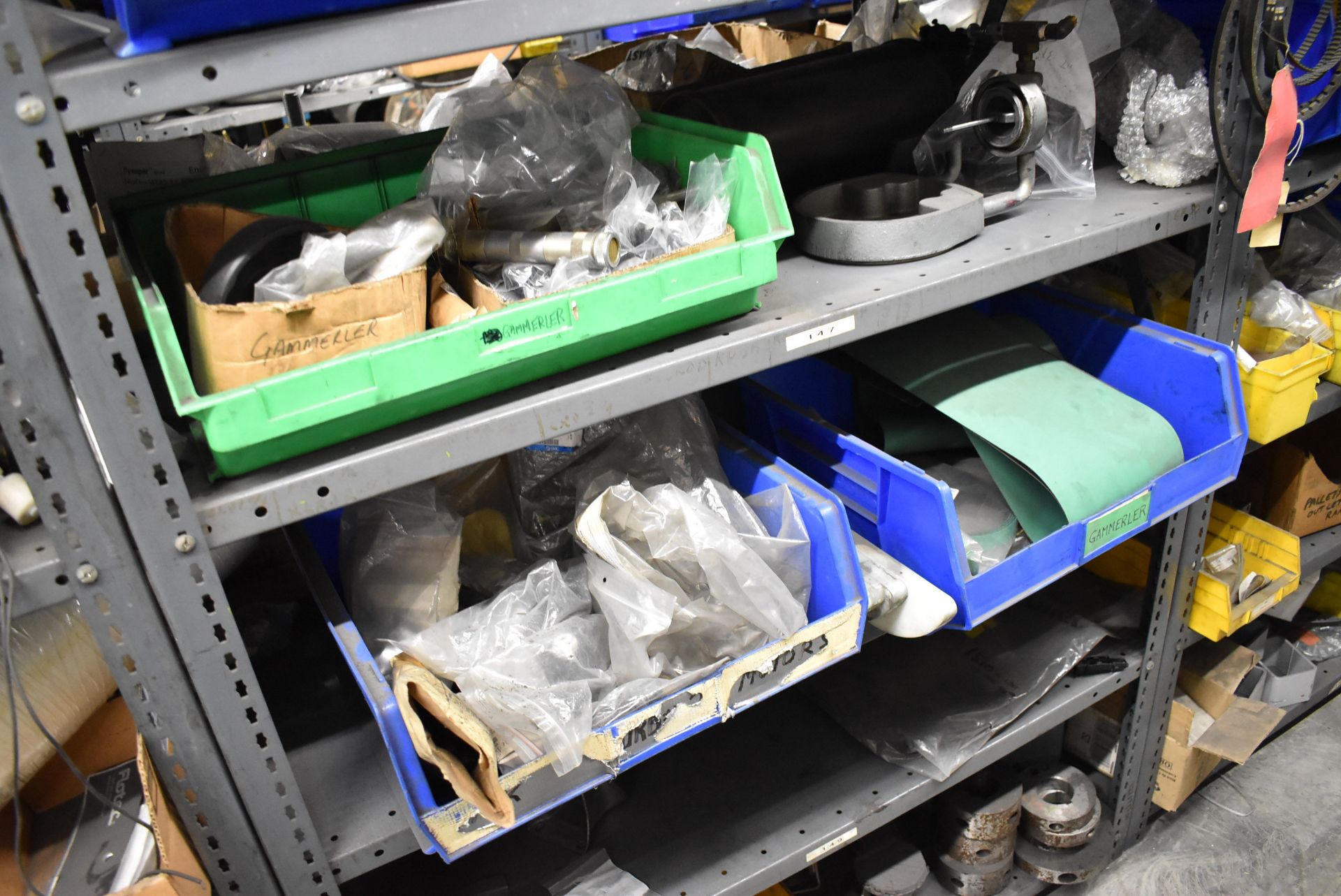 LOT/ (5) SECTIONS OF STEEL SHELVING WITH CONTENTS - INCLUDING BEARINGS, DRIVE BELTS, GAUGES, - Image 11 of 26