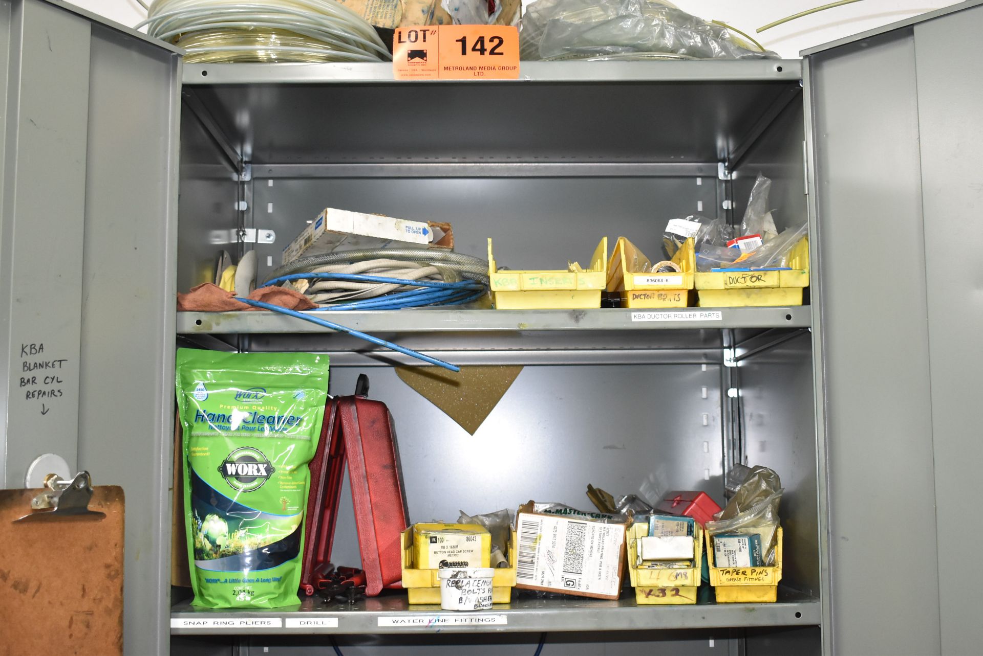 LOT/ HIGHBOY CABINET WITH CONTENTS - INCLUDING SHOP SUPPLIES, SNAP RING PLIERS, KBA DUCTOR ROLLER - Image 2 of 5