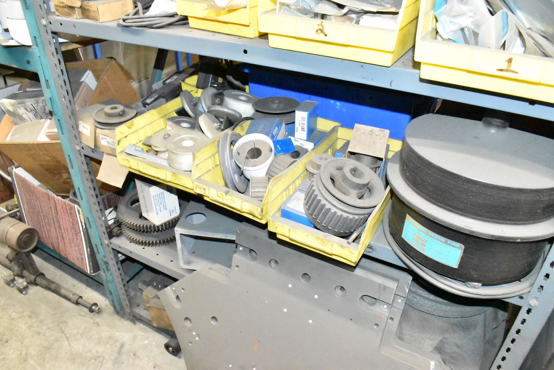 LOT/ (2) SECTIONS OF STEEL SHELVING WITH CONTENTS - INCLUDING AIR FILTERS, SPROCKETS, GEARS, BELTS - Image 7 of 11