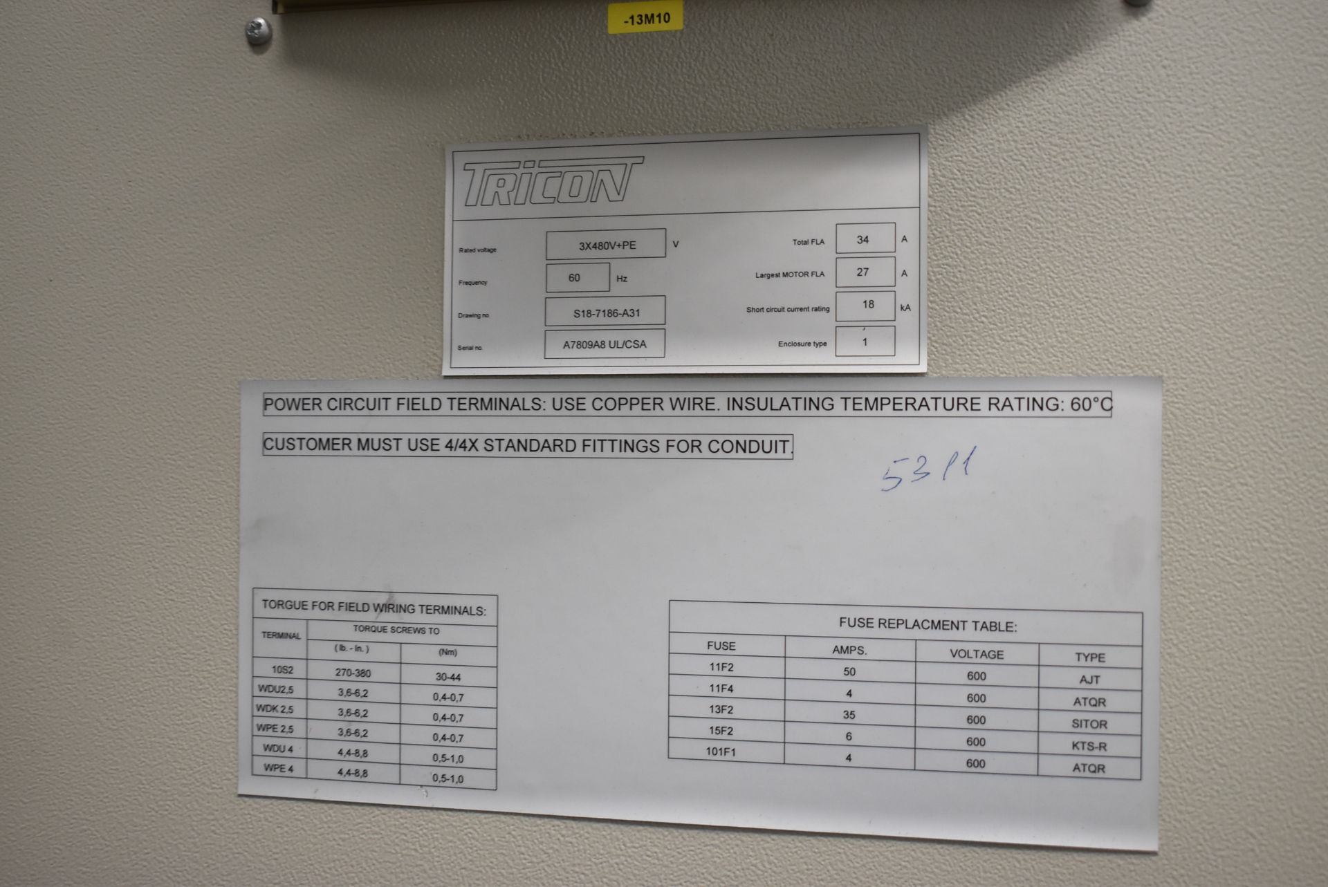 TRICON CONTROL CABINET WITH 3X480V+PE RATED VOLTAGE, 60HZ, 34A TOTAL FLA (CI) (DELAYED DELIVERY) [ - Image 3 of 41