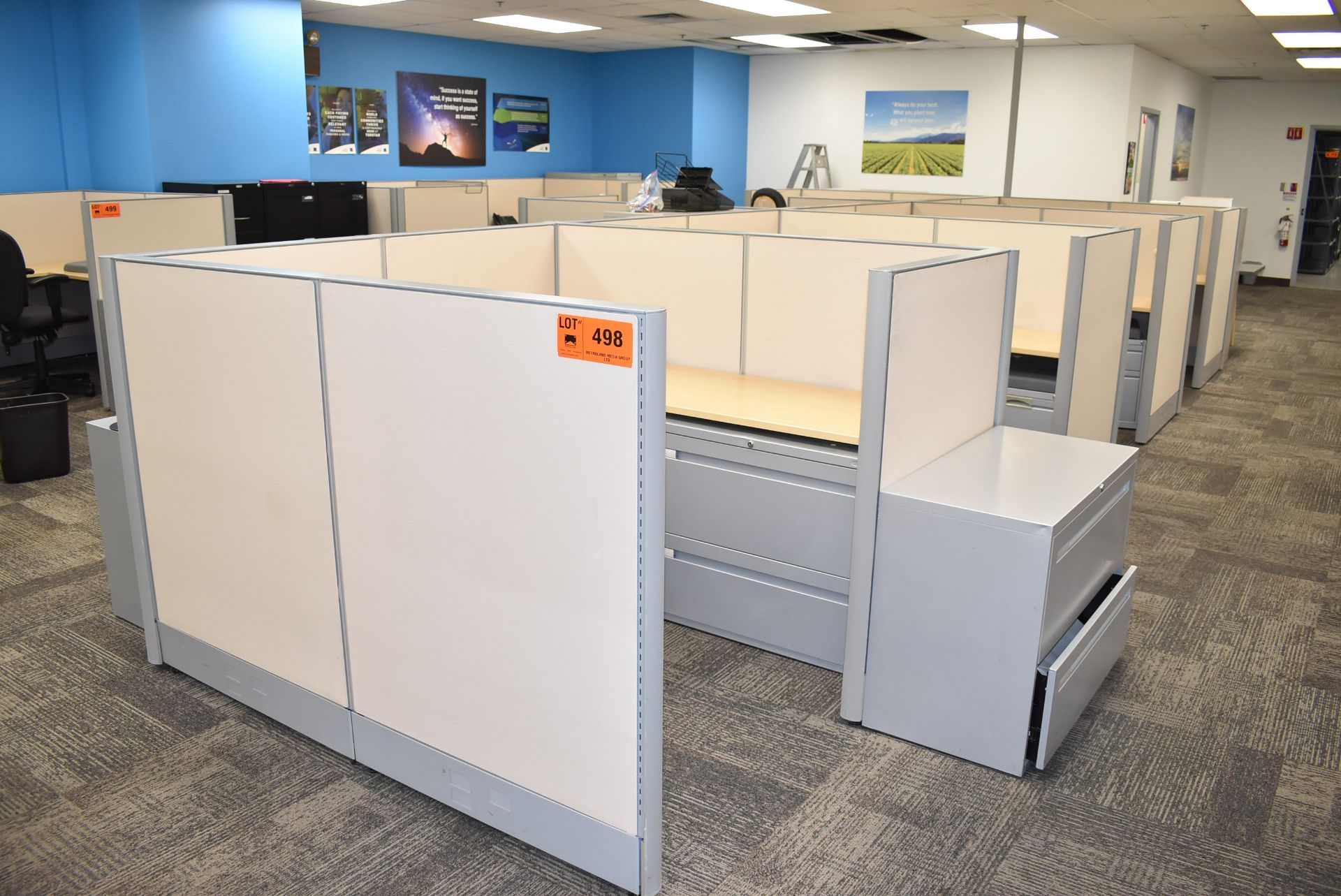 LOT/ (6) CUBICLE WORKSTATIONS WITH ASSOCIATED OFFICE CHAIRS & FILE CABINETS