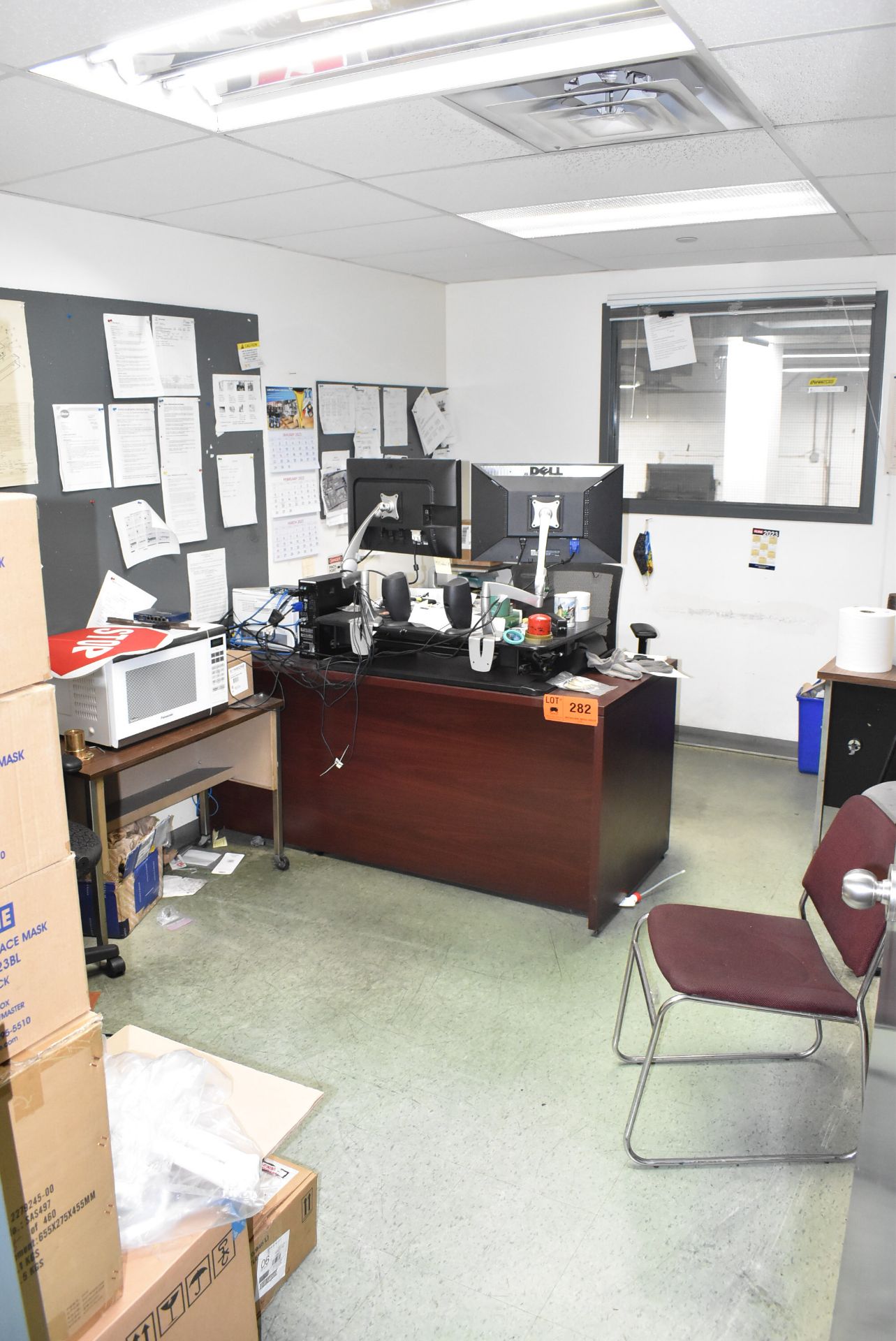 LOT/ CONTENTS OF OFFICE - INCLUDING FILE CABINET, STEEL SHELF, (2) DESKS, OFFICE CHAIRS, MICROWAVE &
