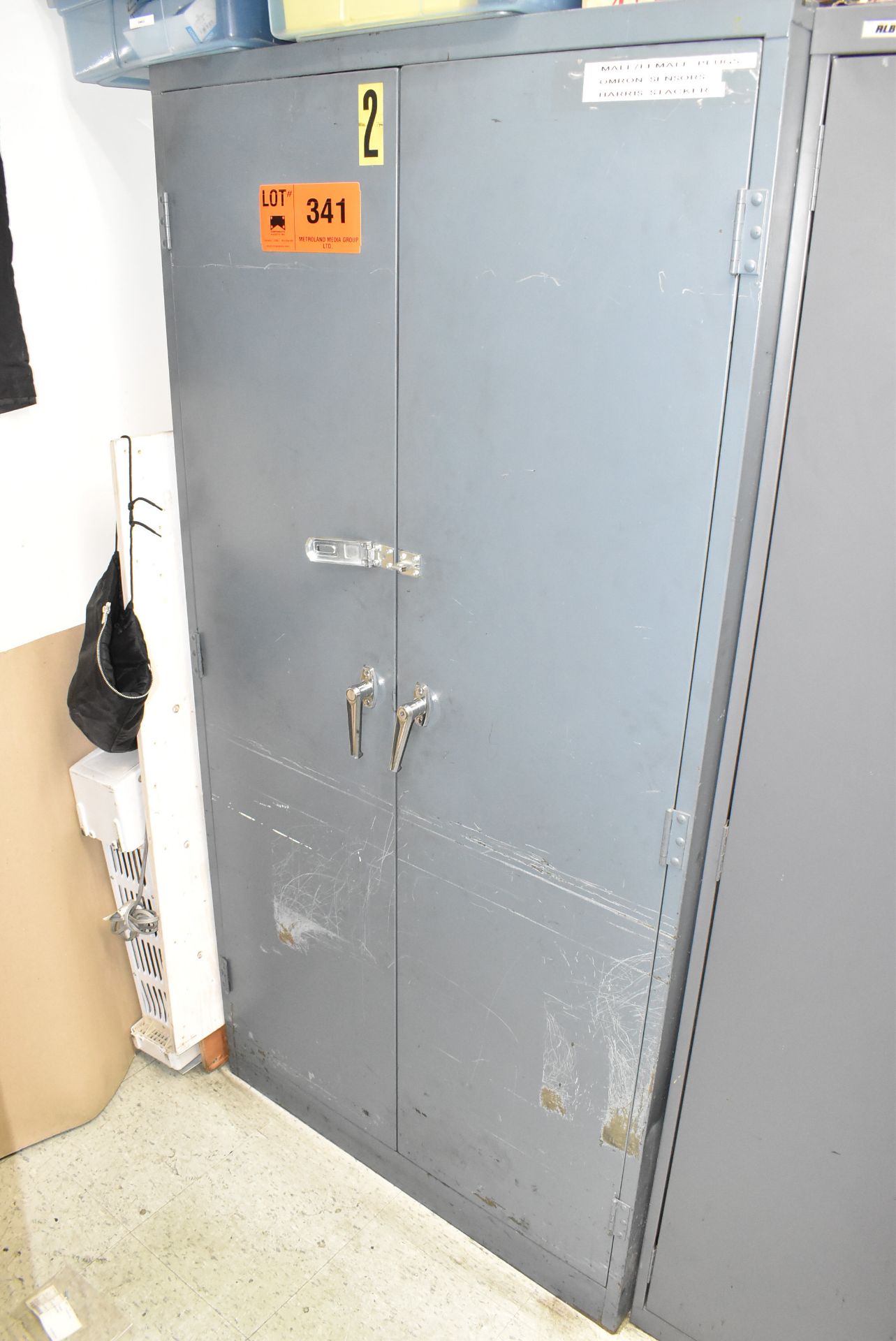LOT/ HIGHBOY CABINET WITH CONTENTS - INCLUDING PLUGS, PROXIMITY SENSORS, ELECTRICAL CONDUIT