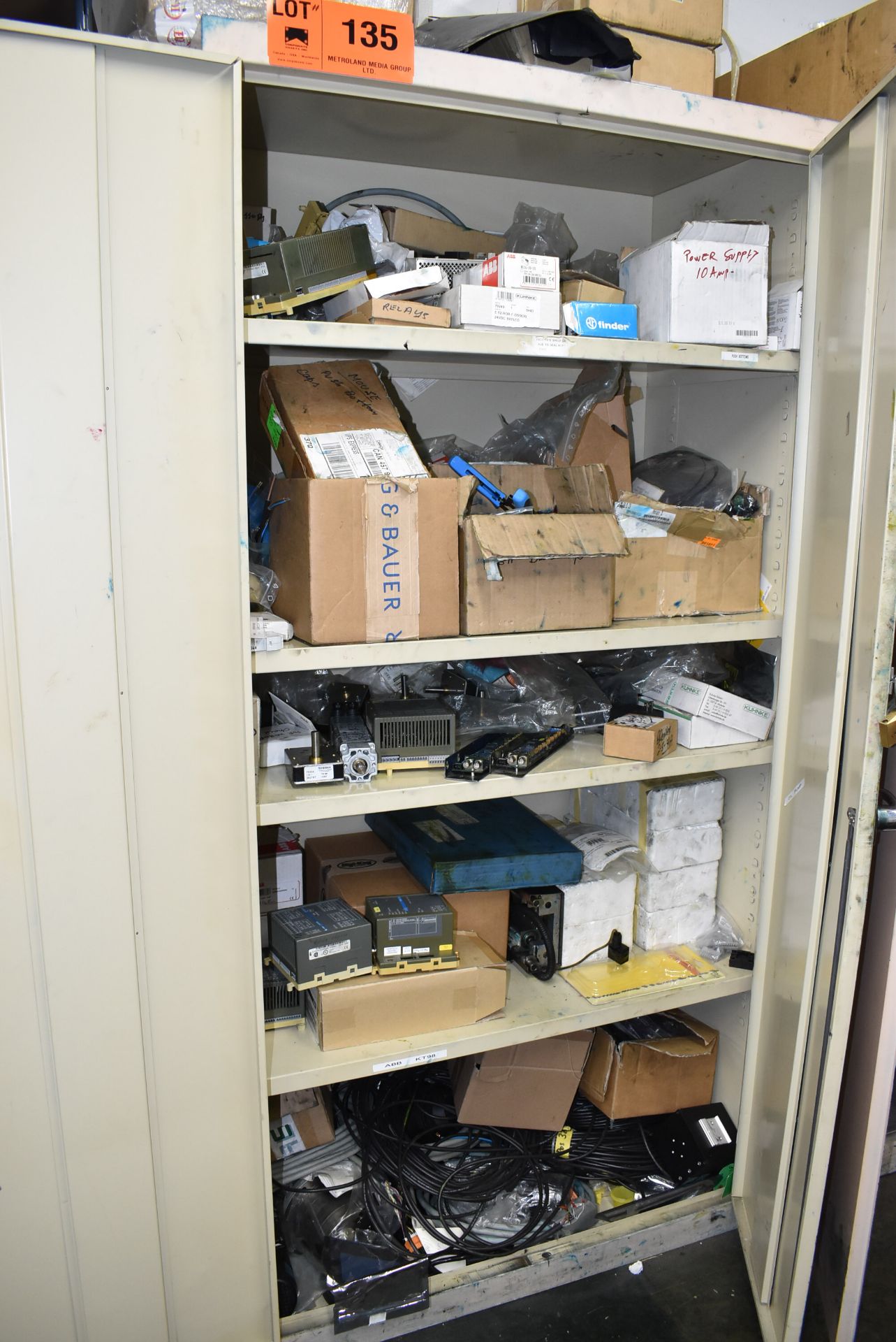 LOT/ HIGHBOY CABINET WITH CONTENTS - INCLUDING RELAYS, POWER SUPPLIES, ELECTRICAL COMPONENTS,